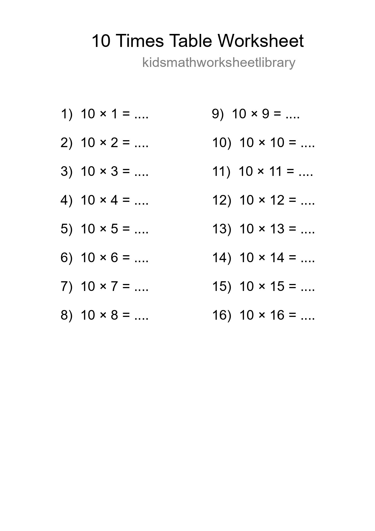 10 Times Table Worksheet For Grade 3 - Part 196