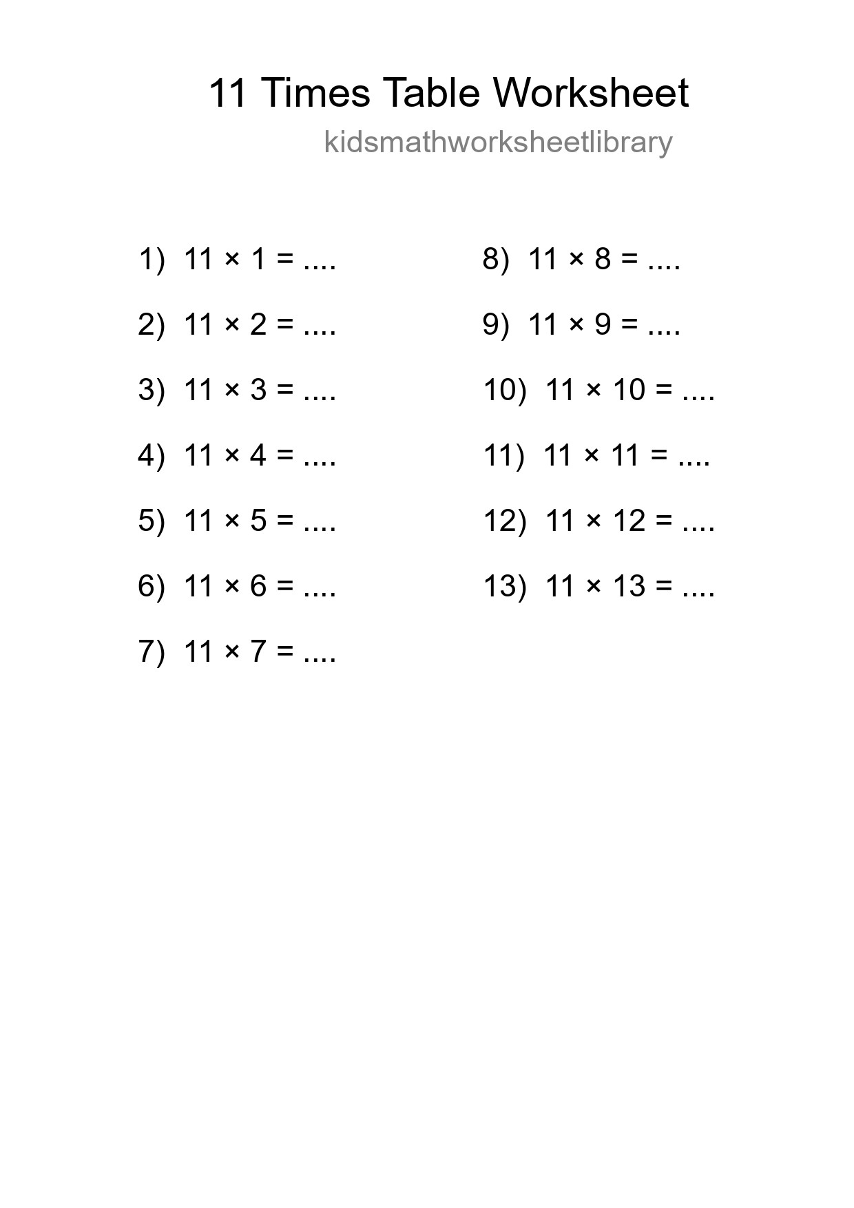 11 Times Table Worksheet For Grade 4 - Part 295