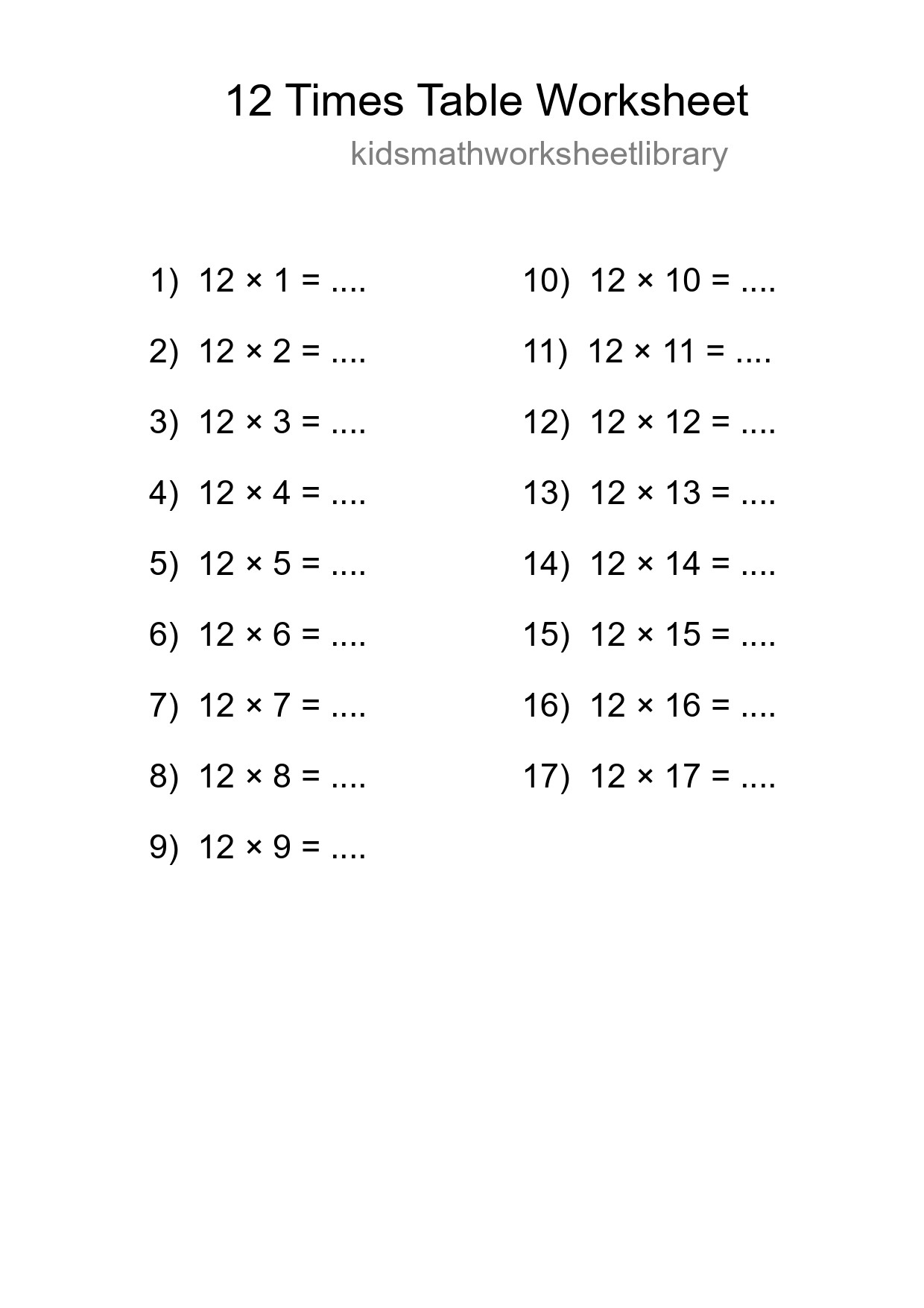 12 Times Table Worksheet For Grade 4 - Part 86