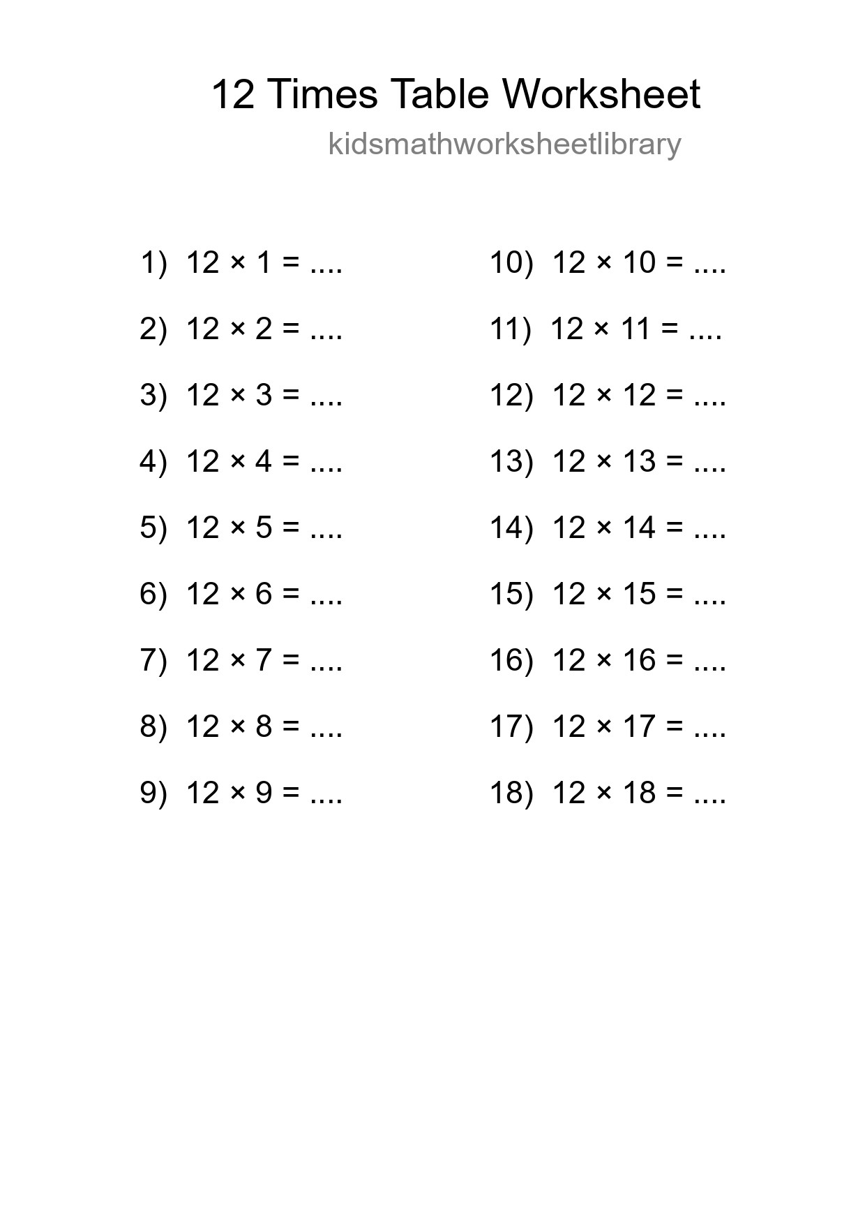 12 Times Table Worksheet For Grade 4 With Answers - Part 108