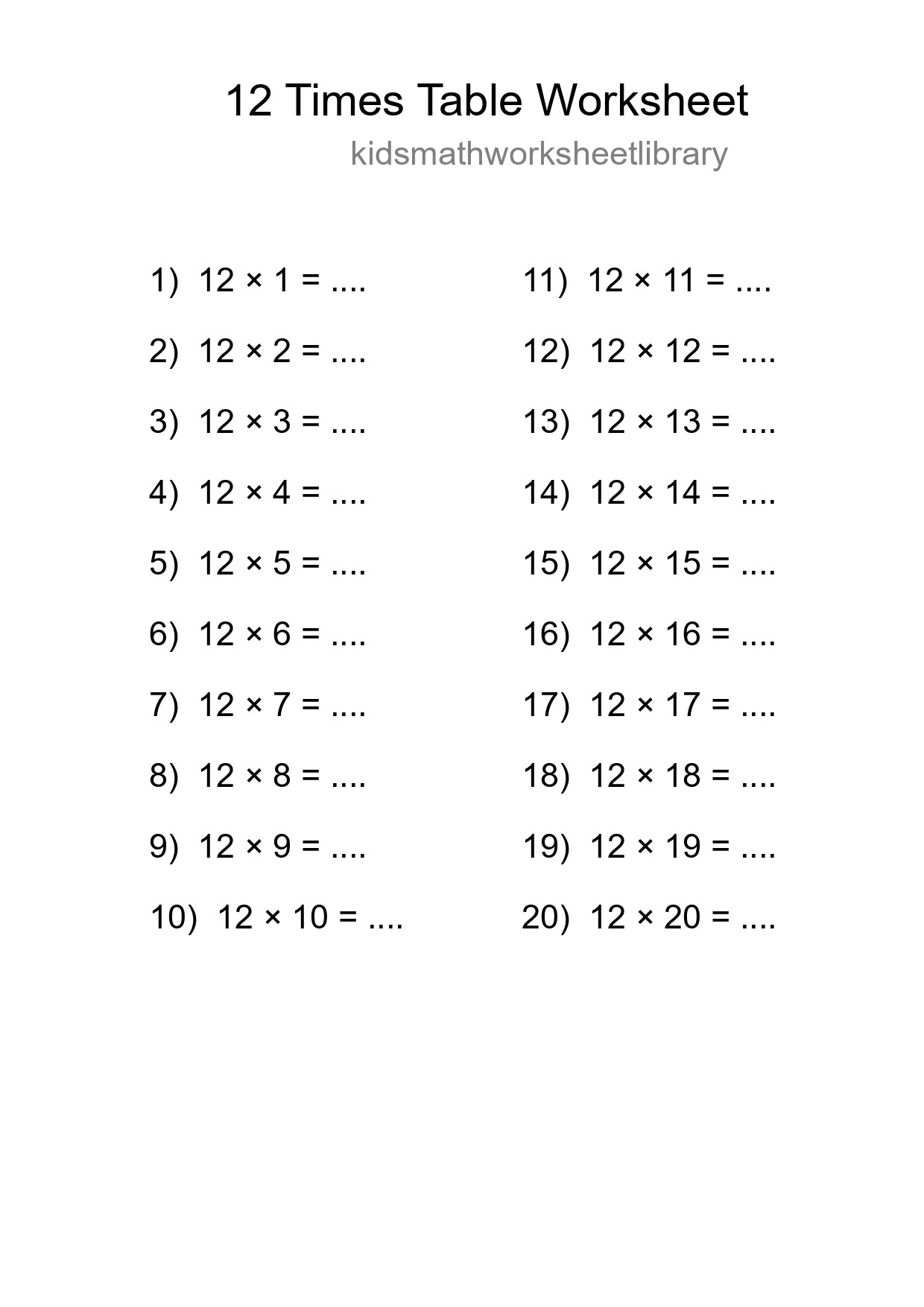 12 Times Table Worksheet For Grade 4 With Answers - Part 185