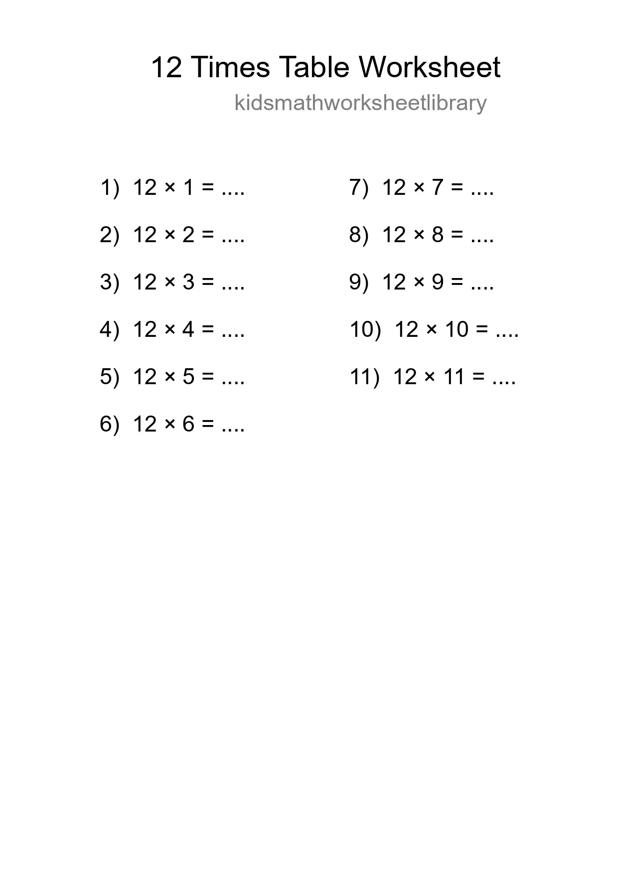 12 Times Table Worksheet For Grade 4 With Answers - Part 284