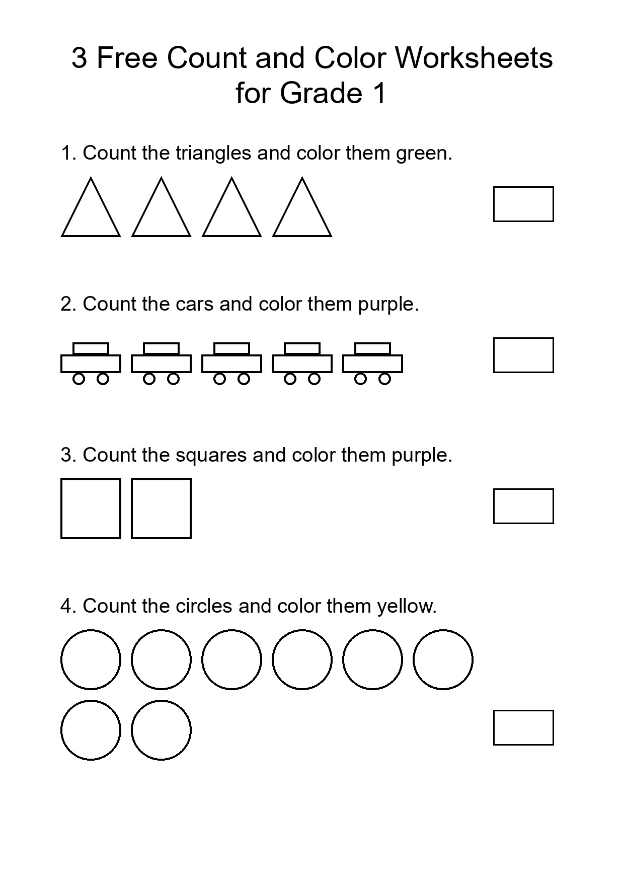 3 Free Count and Color Worksheets for Grade 1