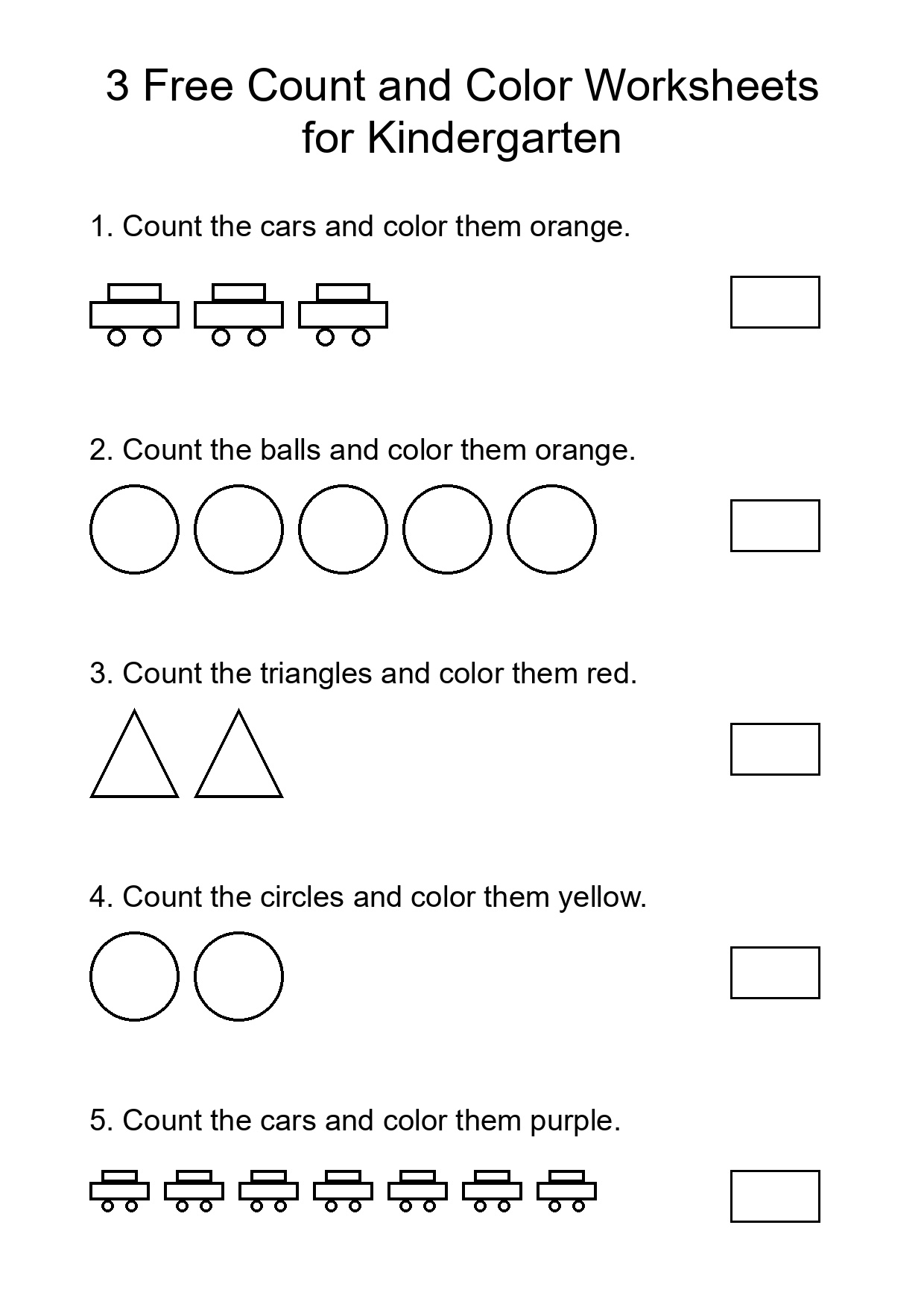 3 Free Count and Color Worksheets for Kindergarten