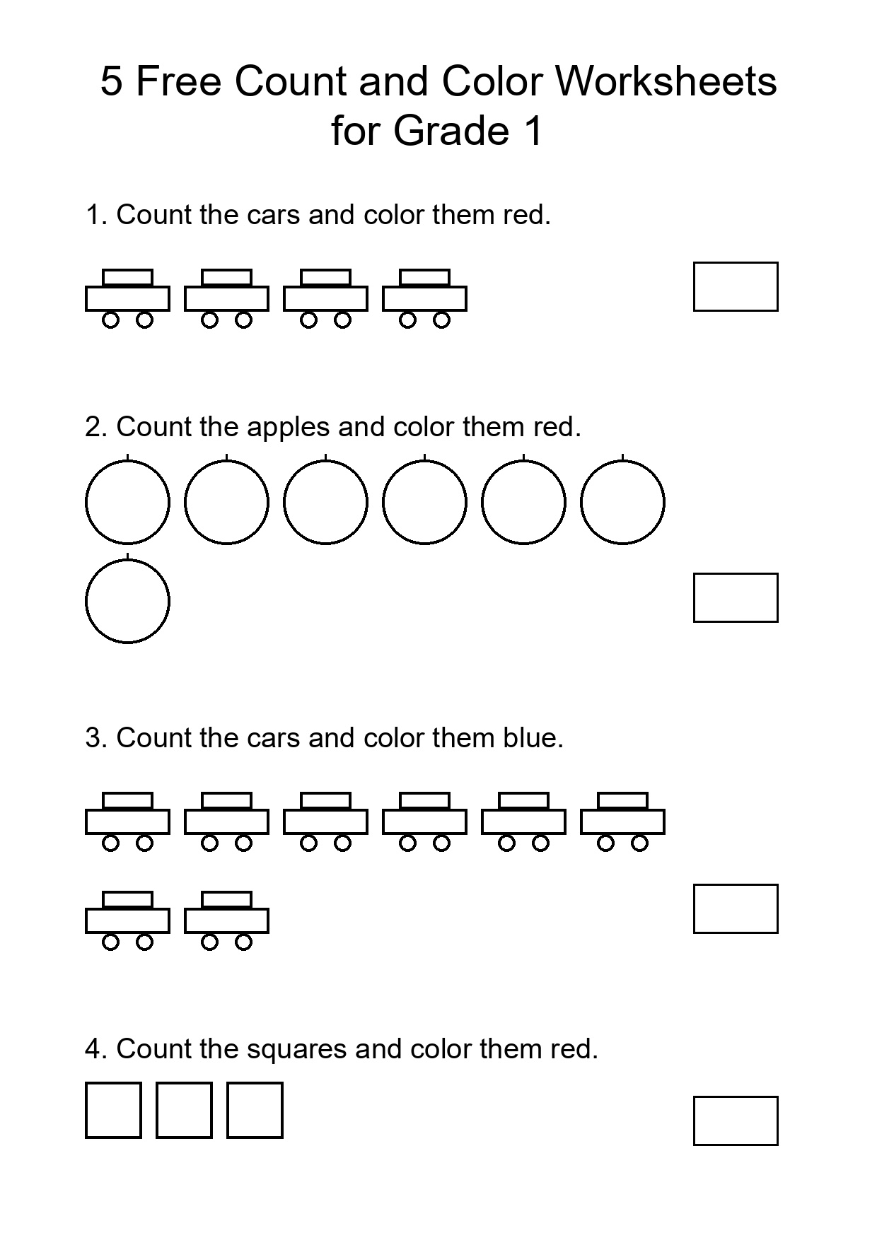 5 Free Count and Color Worksheets for Grade 1