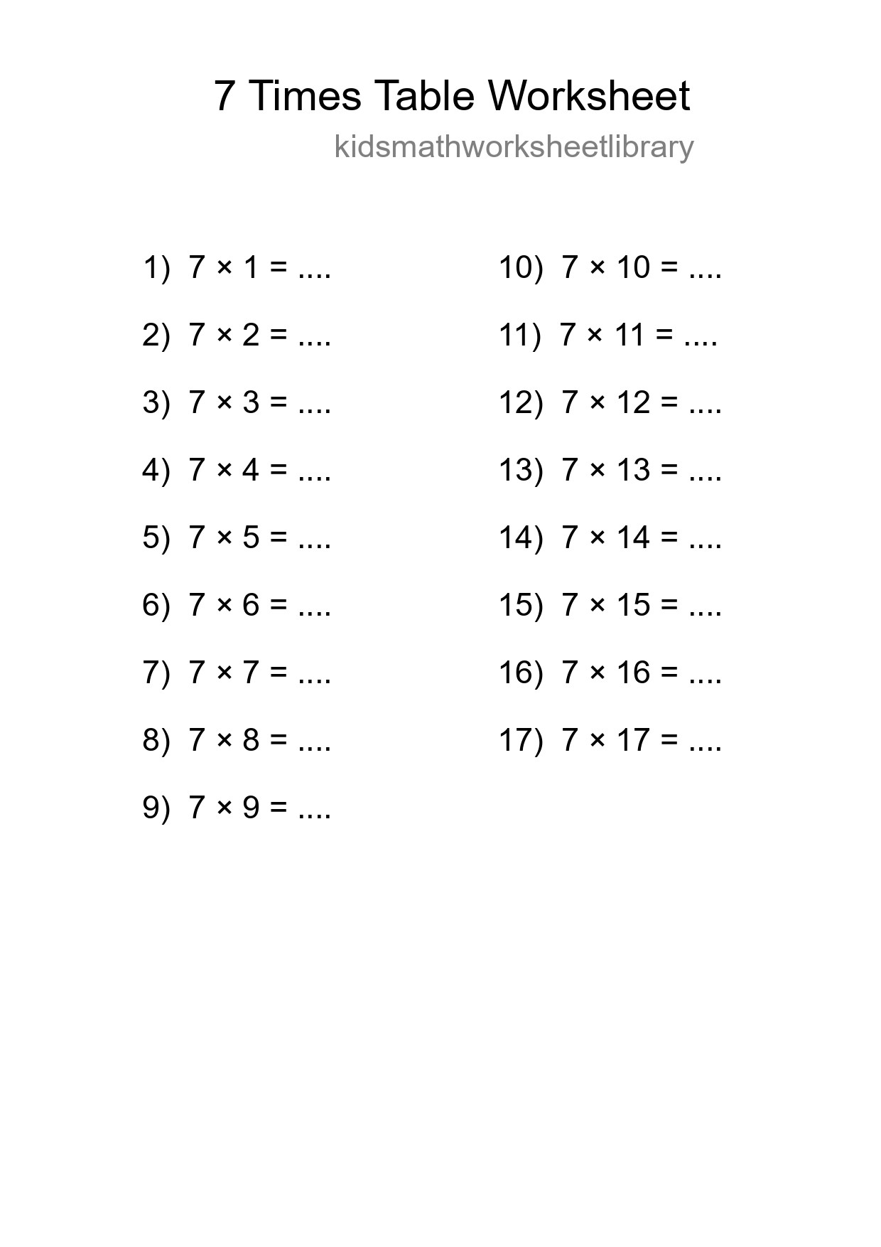 7 Times Table Worksheet For Grade 3 - Part 174