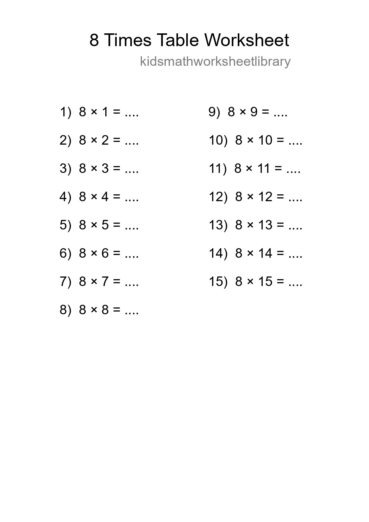 8 Times Table Worksheet For Grade 3 - Part 218