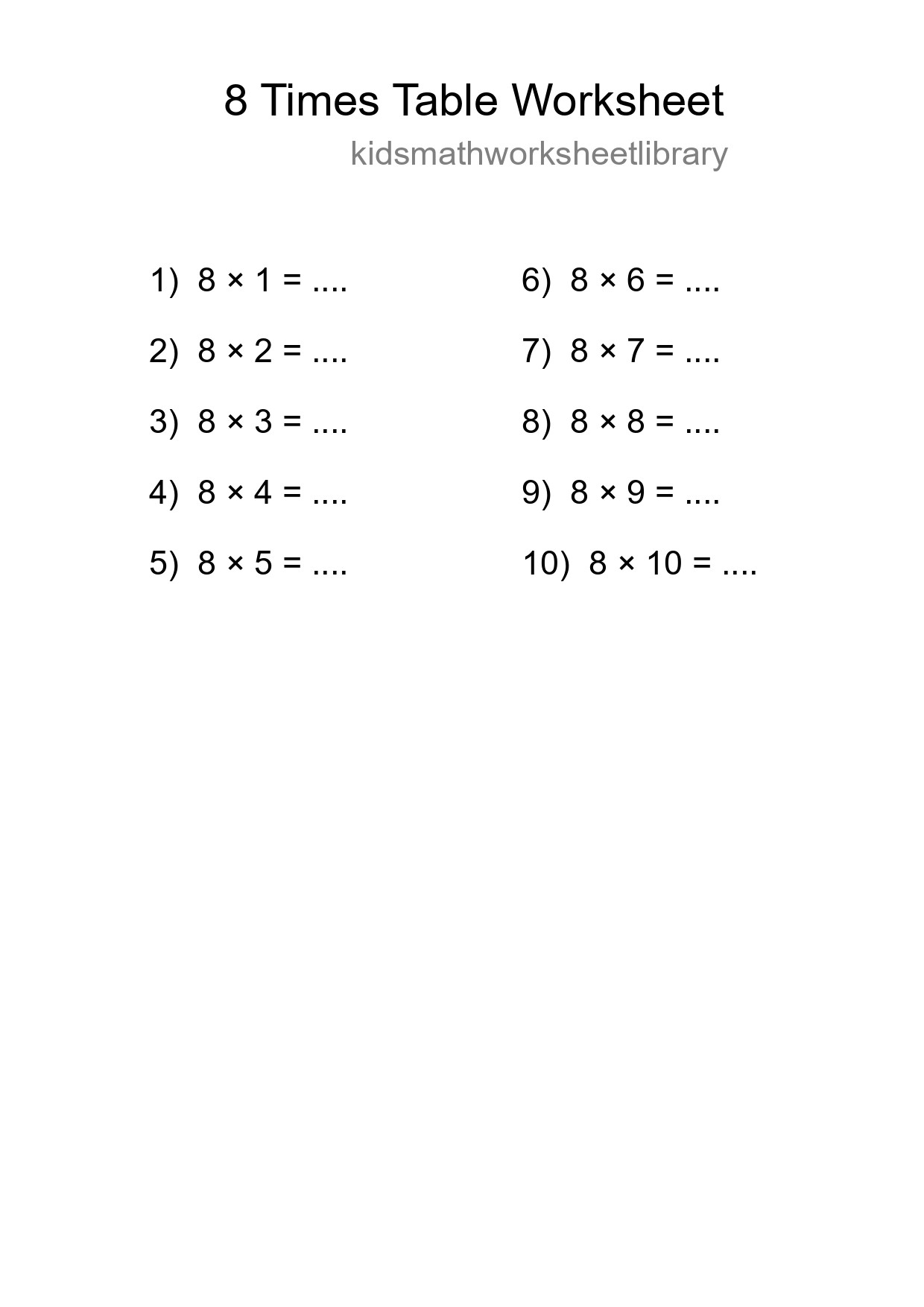 8 Times Table Worksheet For Grade 3 With Answers - Part 273