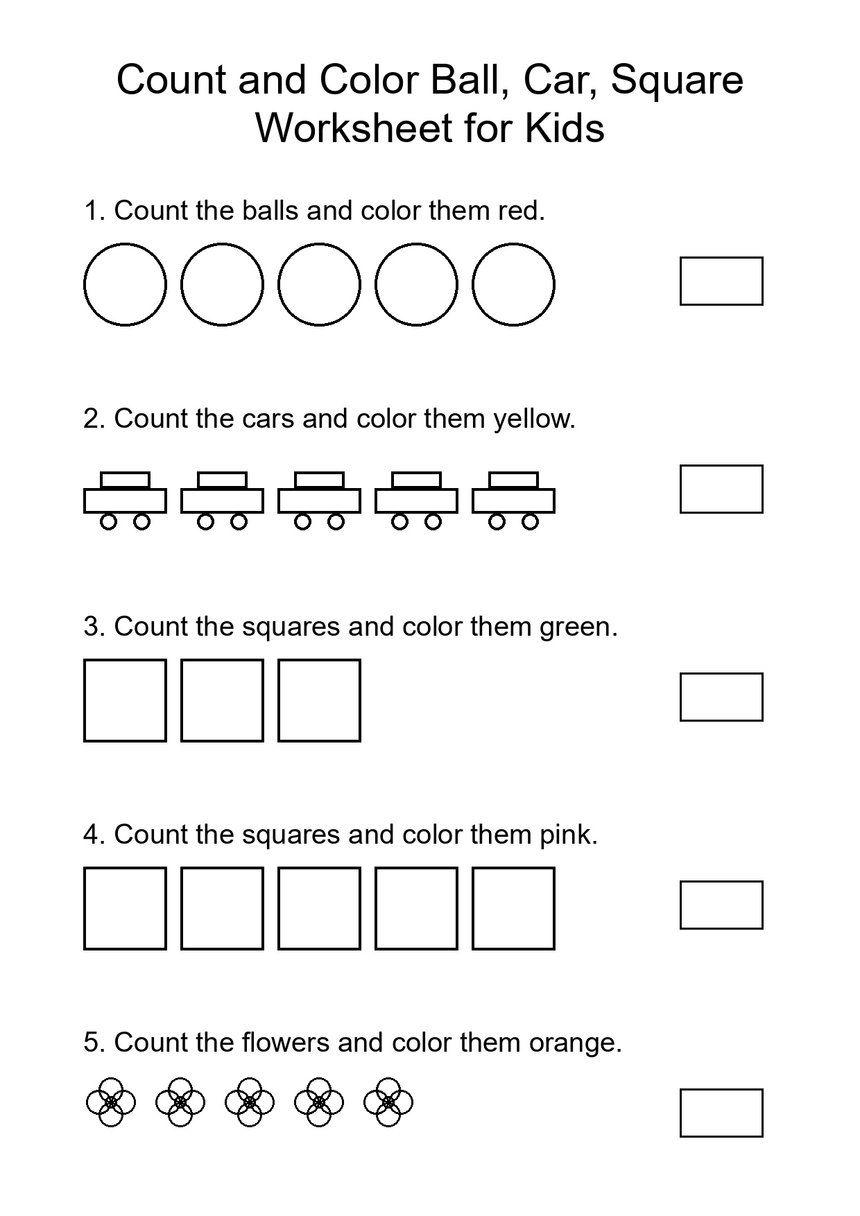 Count and Color Ball, Car, Square Worksheet for Kids