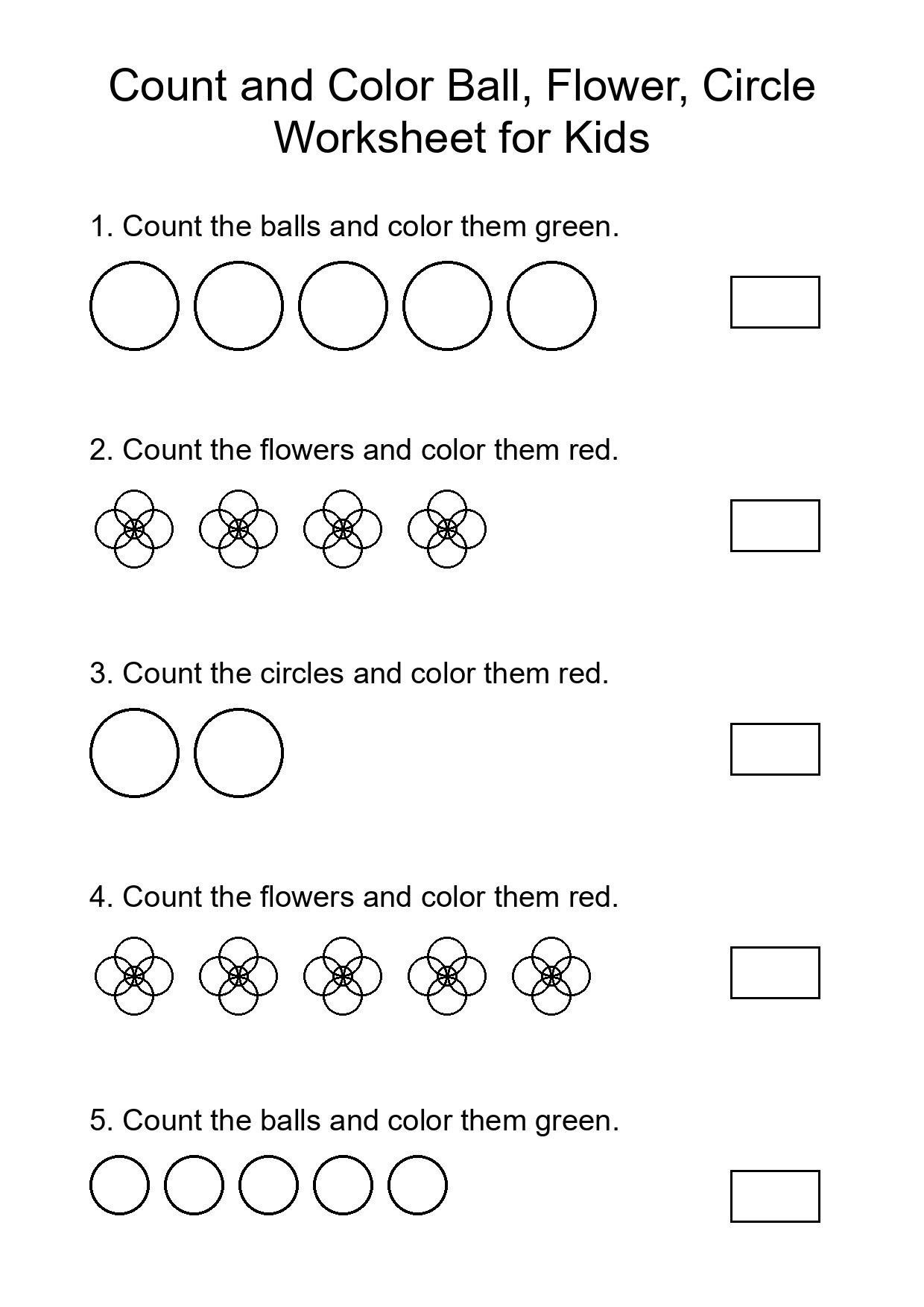 Count and Color Ball, Flower, Circle Worksheet for Kids