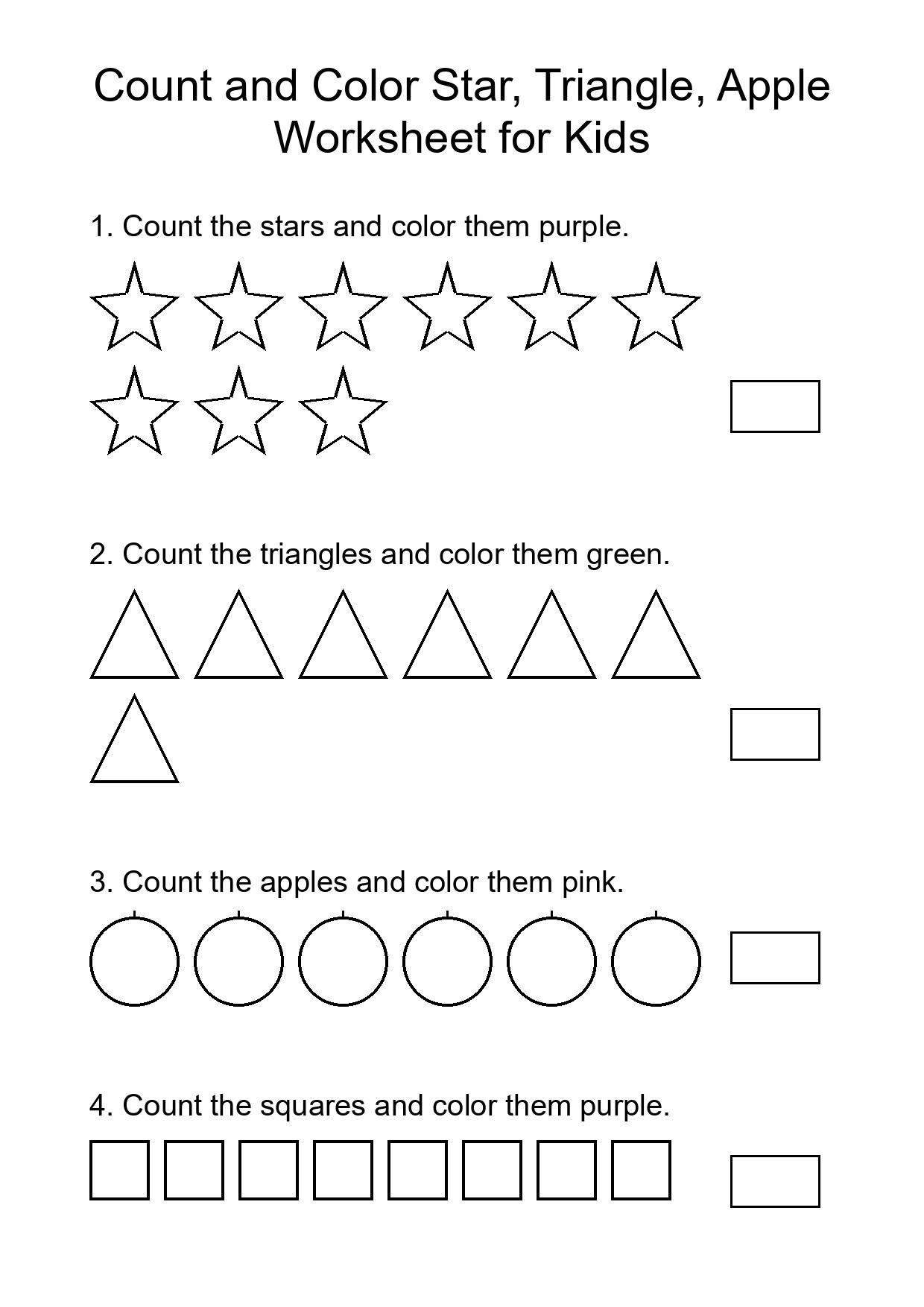Count and Color Star, Triangle, Apple Worksheet for Kids