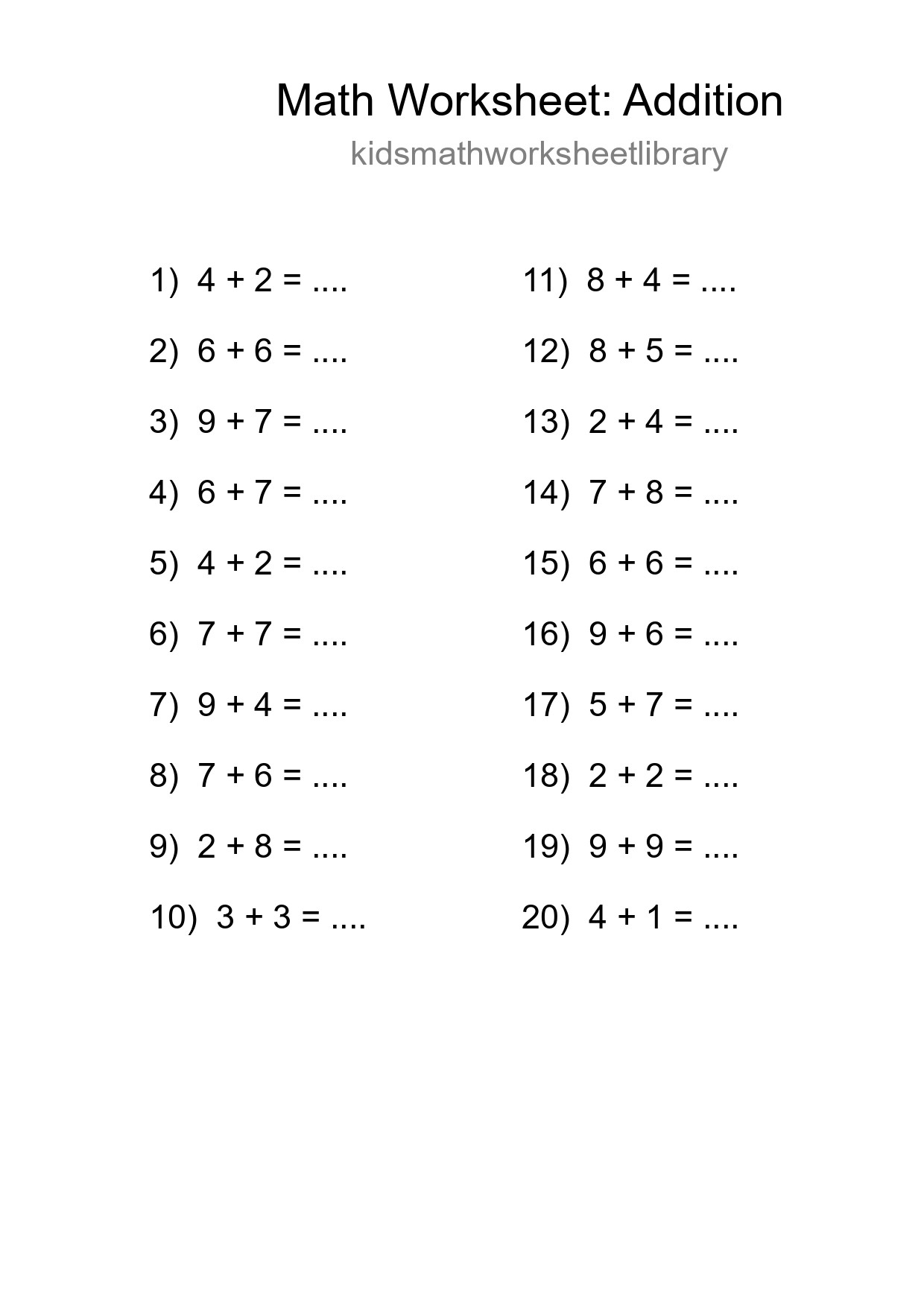 Free 20 Addition Math Worksheet For Grade 1 - Part 89