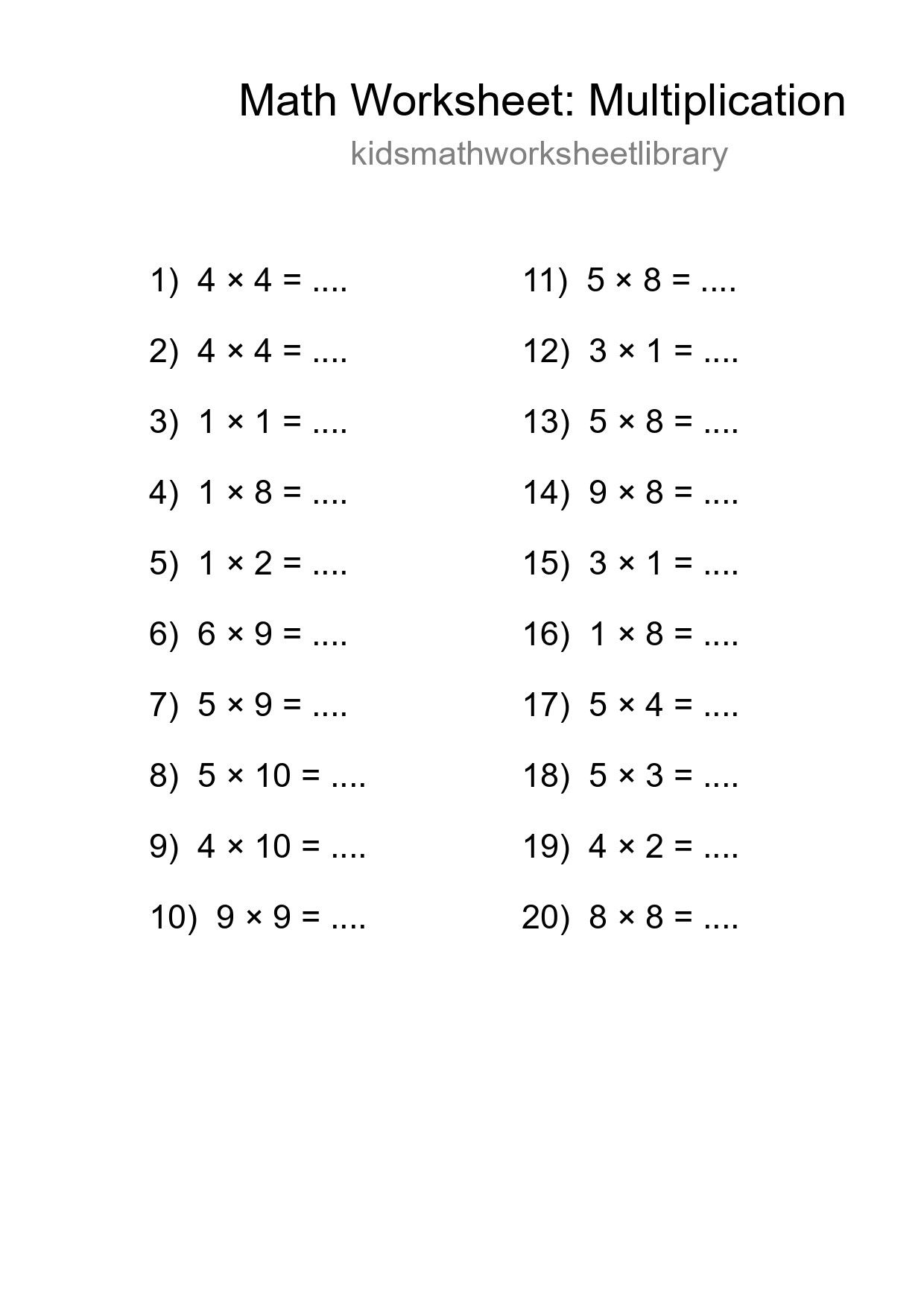 Free 20 Multiplication Math Worksheet For Grade 1 - Part 18