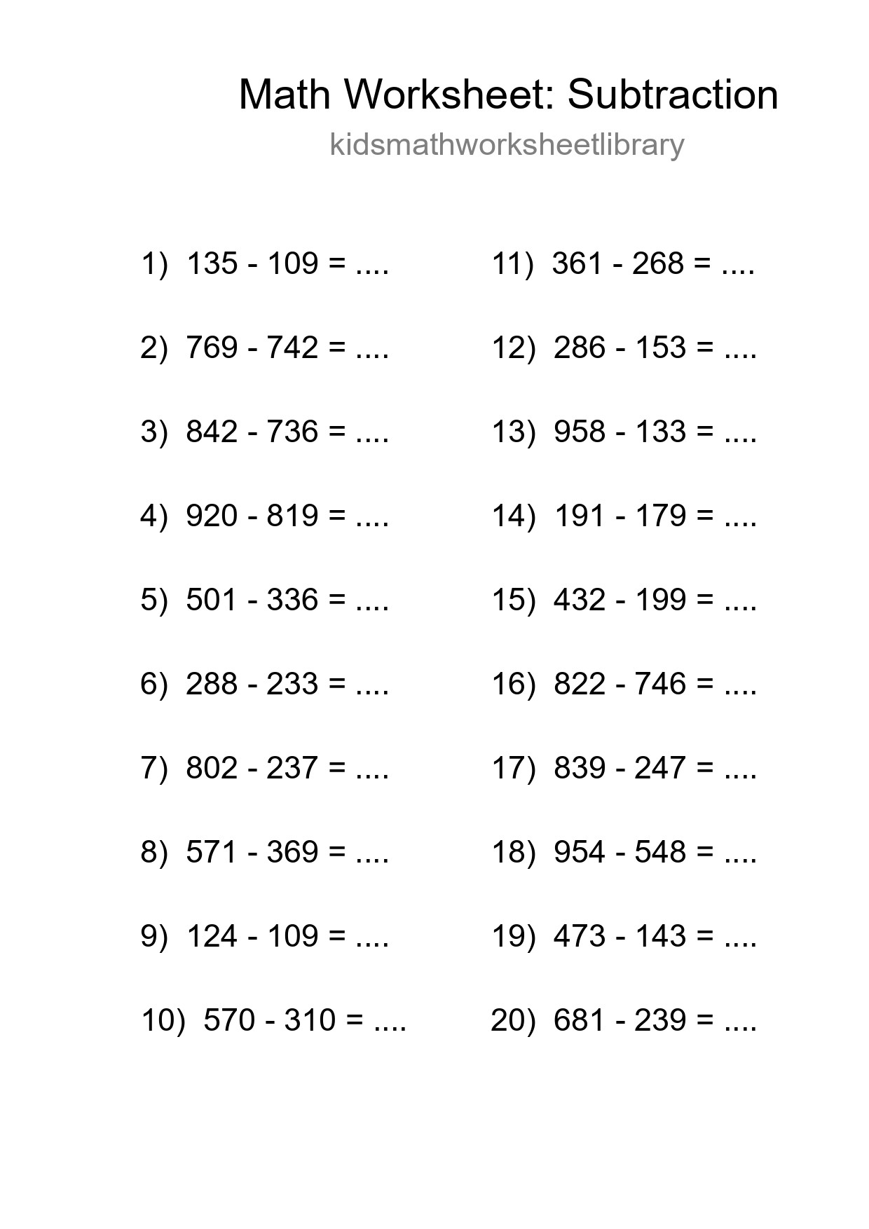 Free 20 Subtraction Math Worksheet For Grade 5 - Part 206