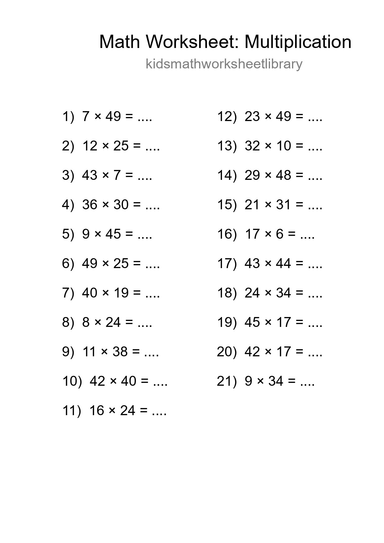 Free 21 Multiplication Math Worksheet For Grade 2 With Answers - Part 227
