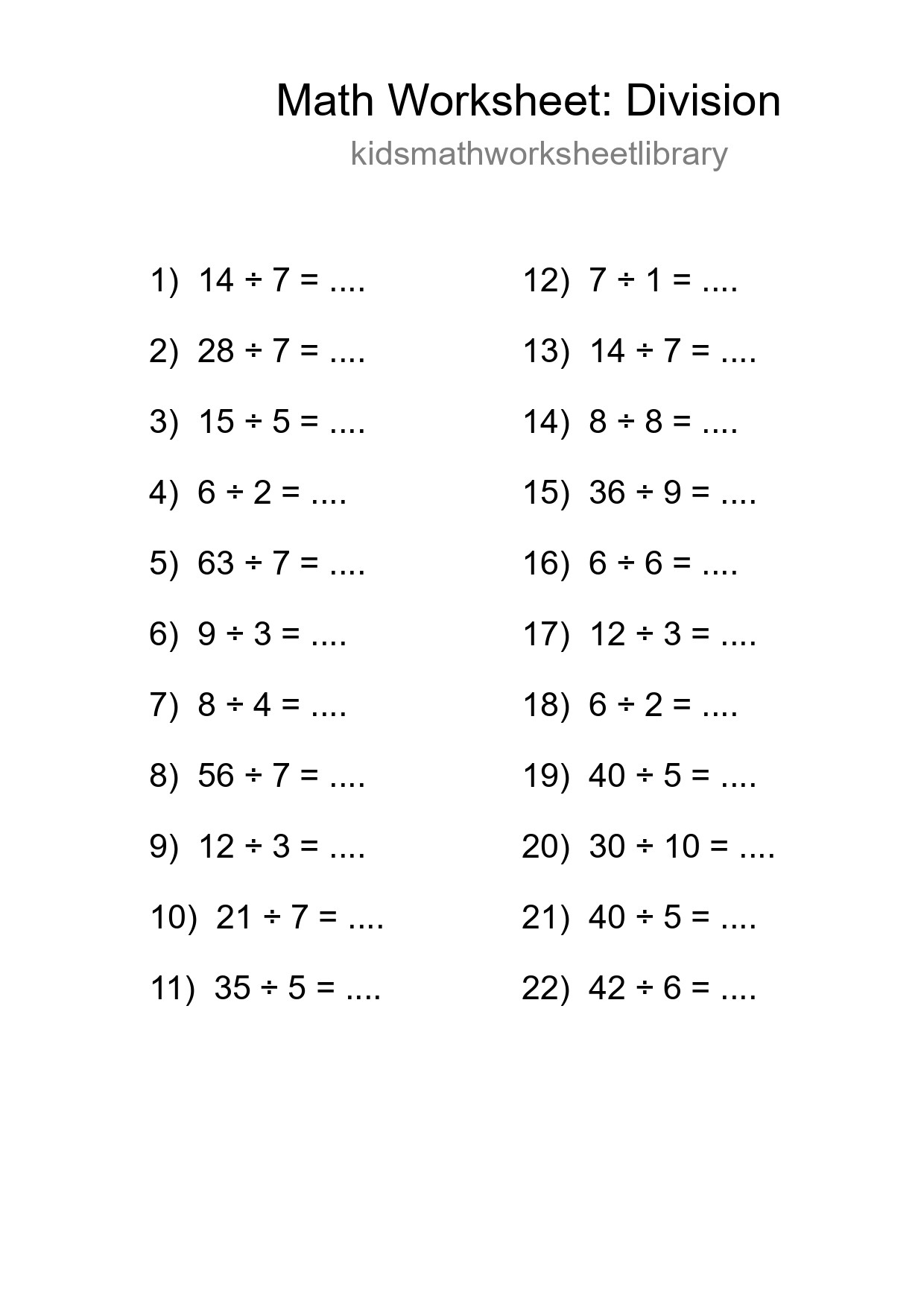 Free 22 Division Math Worksheet For Grade 1 With Answers - Part 158