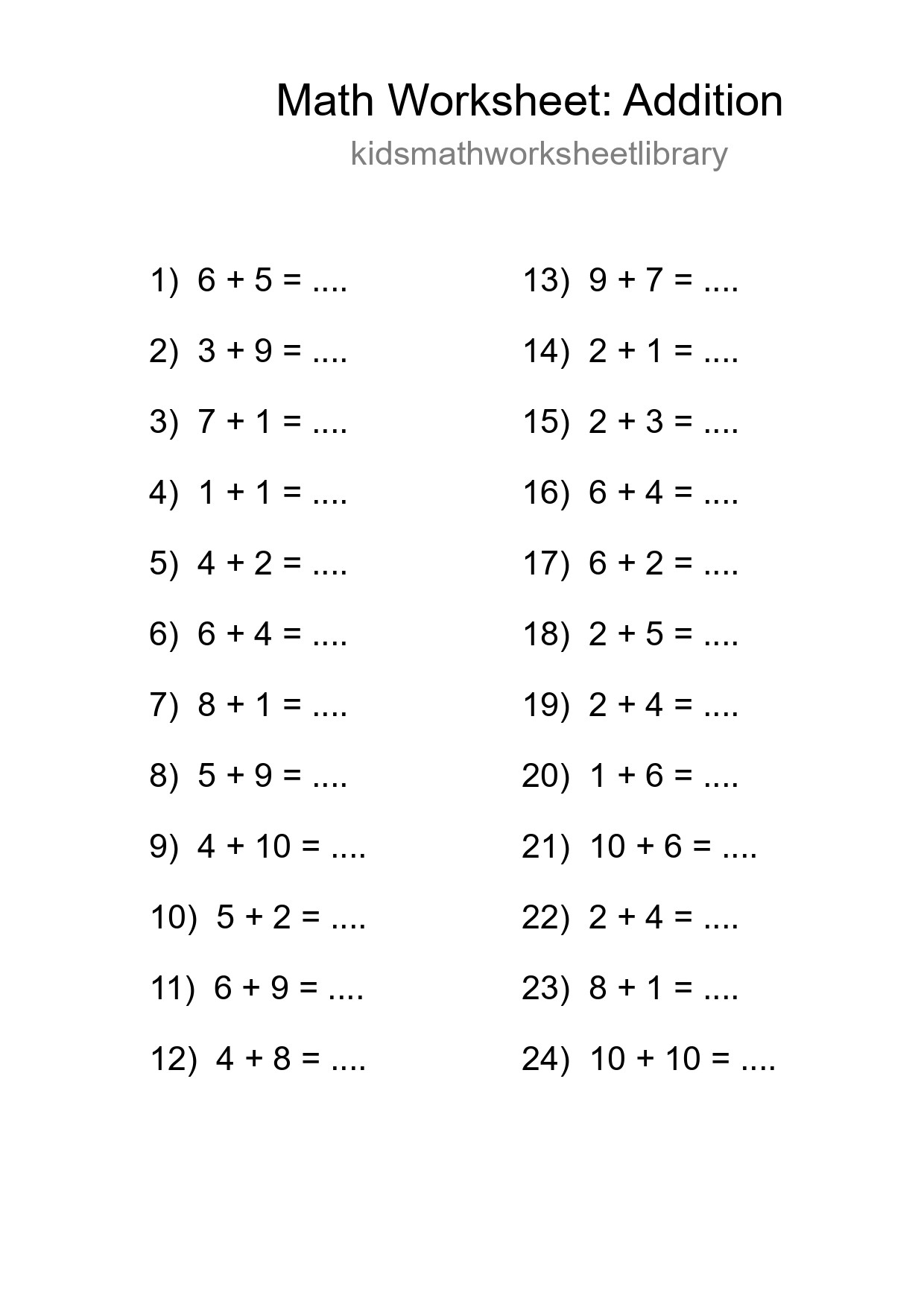 Free 24 Addition Math Worksheet For Grade 1 - Part 111