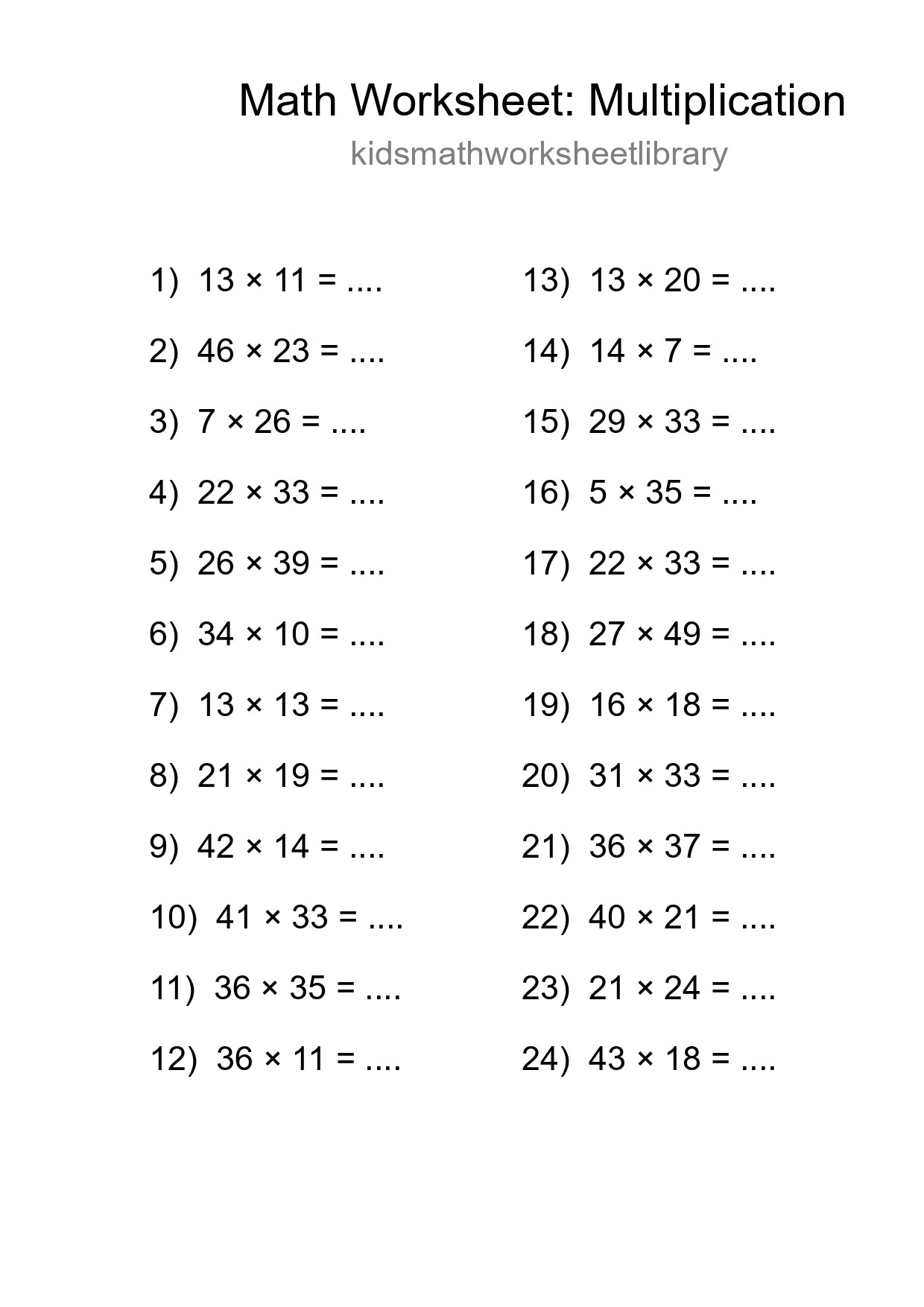 Free 24 Multiplication Math Worksheet For Grade 2 With Answers - Part 51