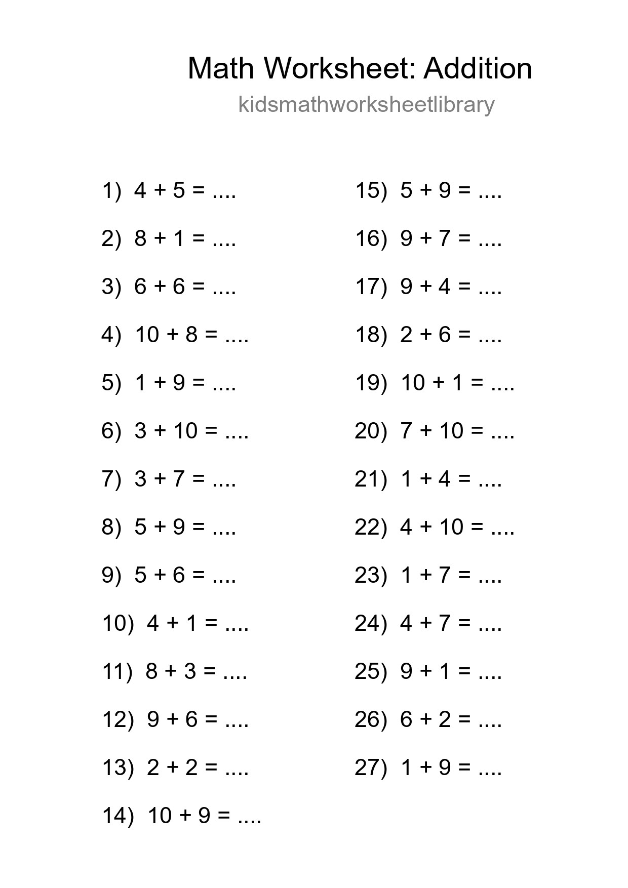 Free 27 Addition Math Worksheet For Grade 1 - Part 232