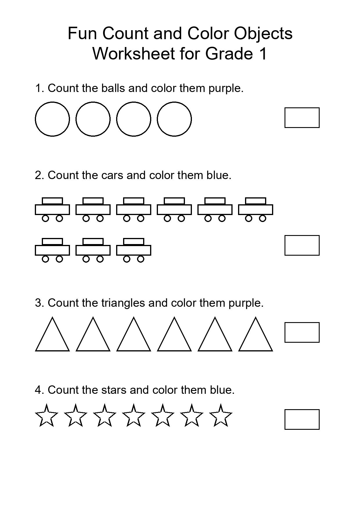 Fun Count and Color Objects Worksheet for Grade 1