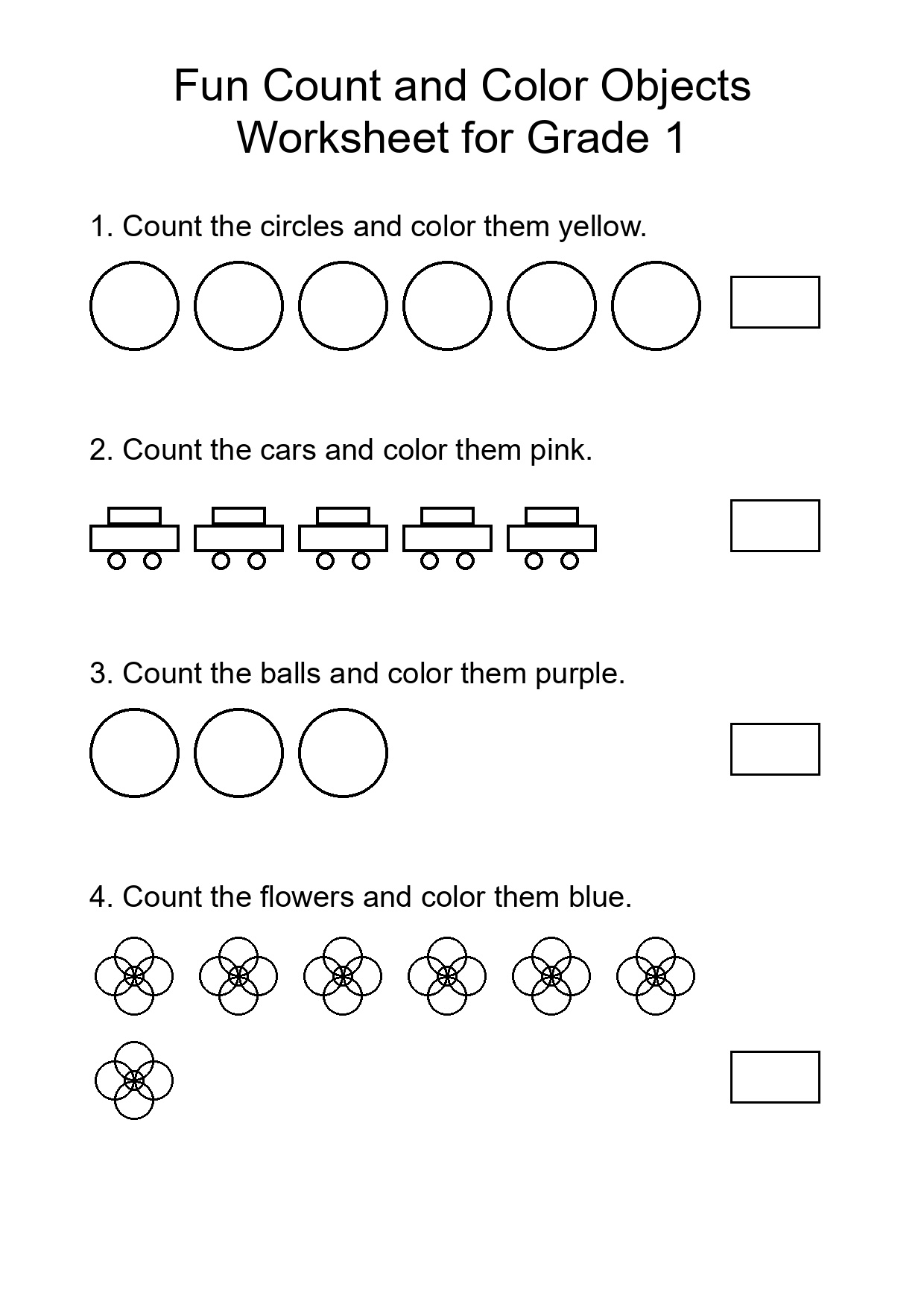 Fun Count and Color Objects Worksheet for Grade 1
