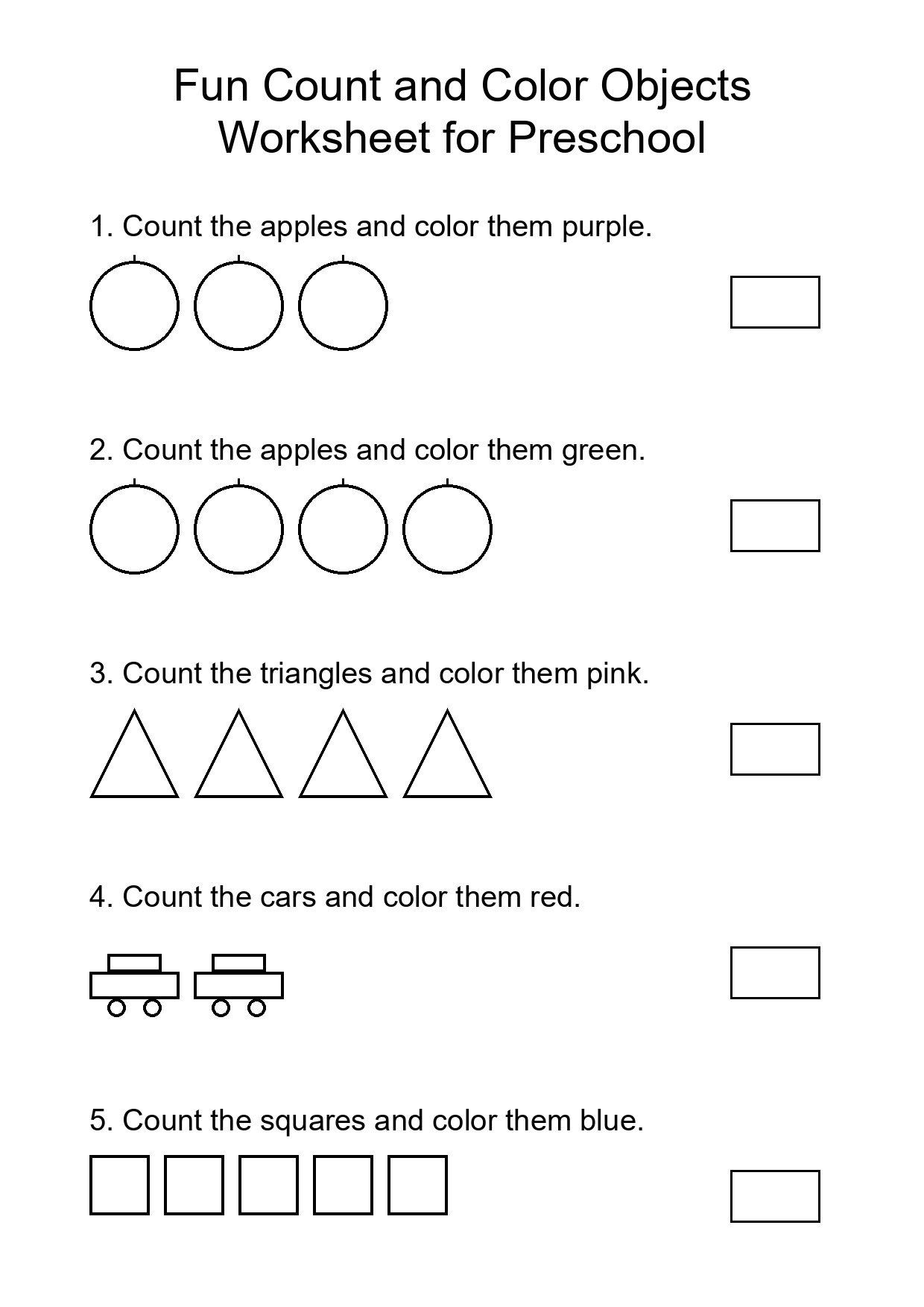 Fun Count and Color Objects Worksheet for Preschool