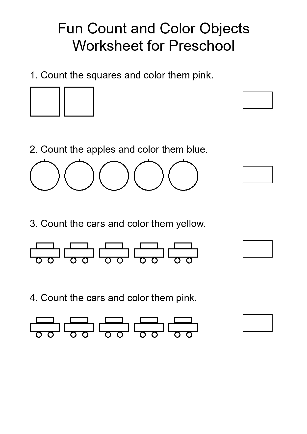 Fun Count and Color Objects Worksheet for Preschool