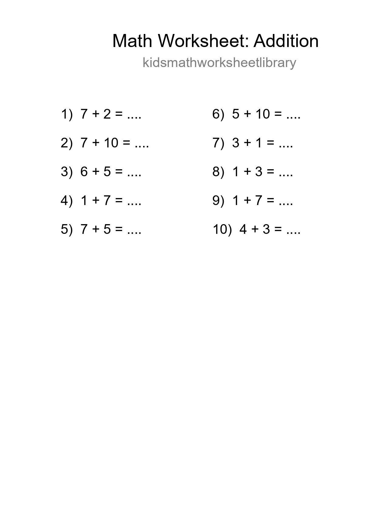 Grade 1 Addition Practice Worksheet (10 Problems) - Part 210