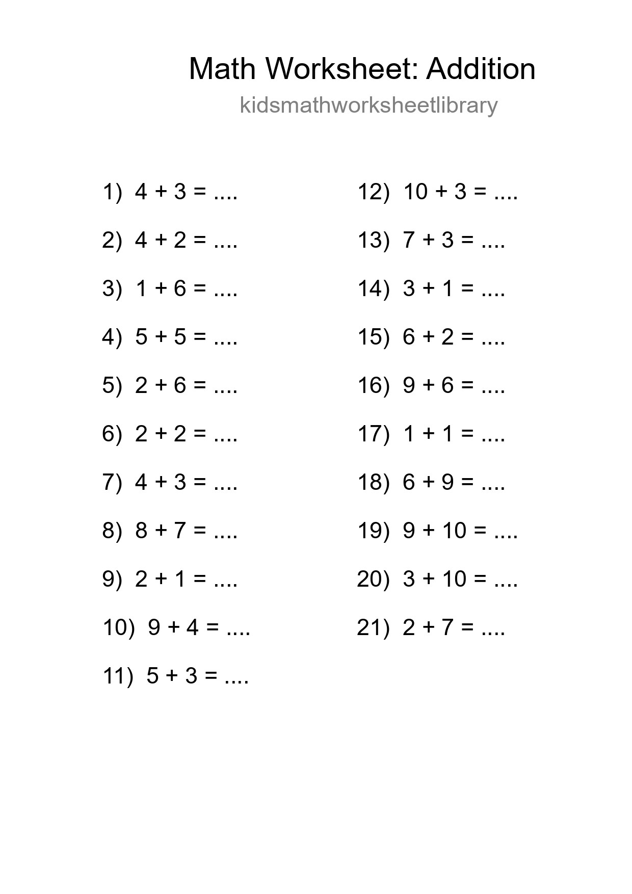 Grade 1 Addition Practice Worksheet (21 Problems) - Part 276