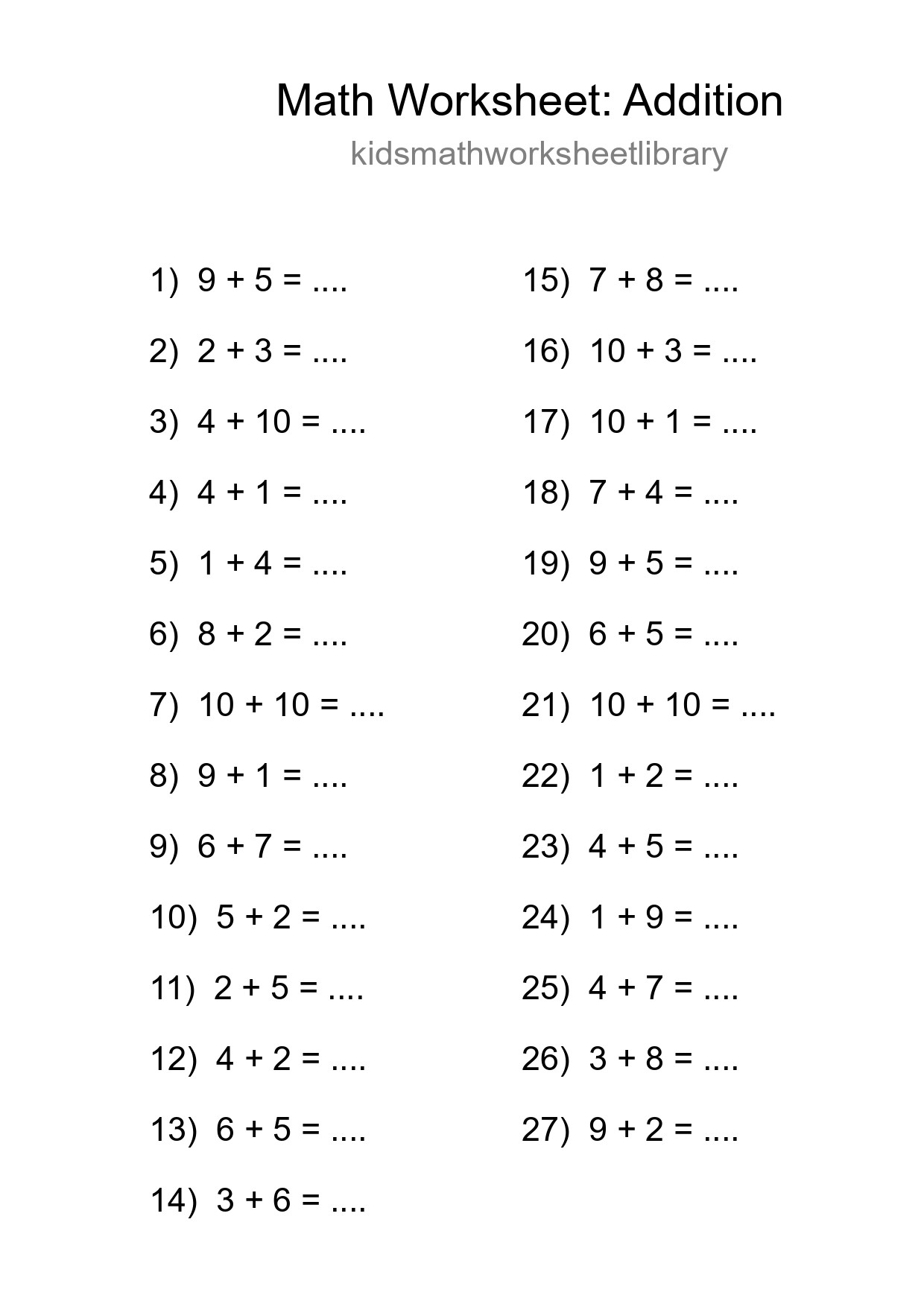 Grade 1 Addition Practice Worksheet (27 Problems)
