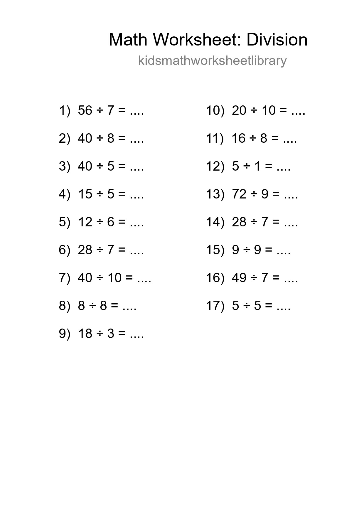 Grade 1 Division Practice Worksheet (17 Problems) - Part 257