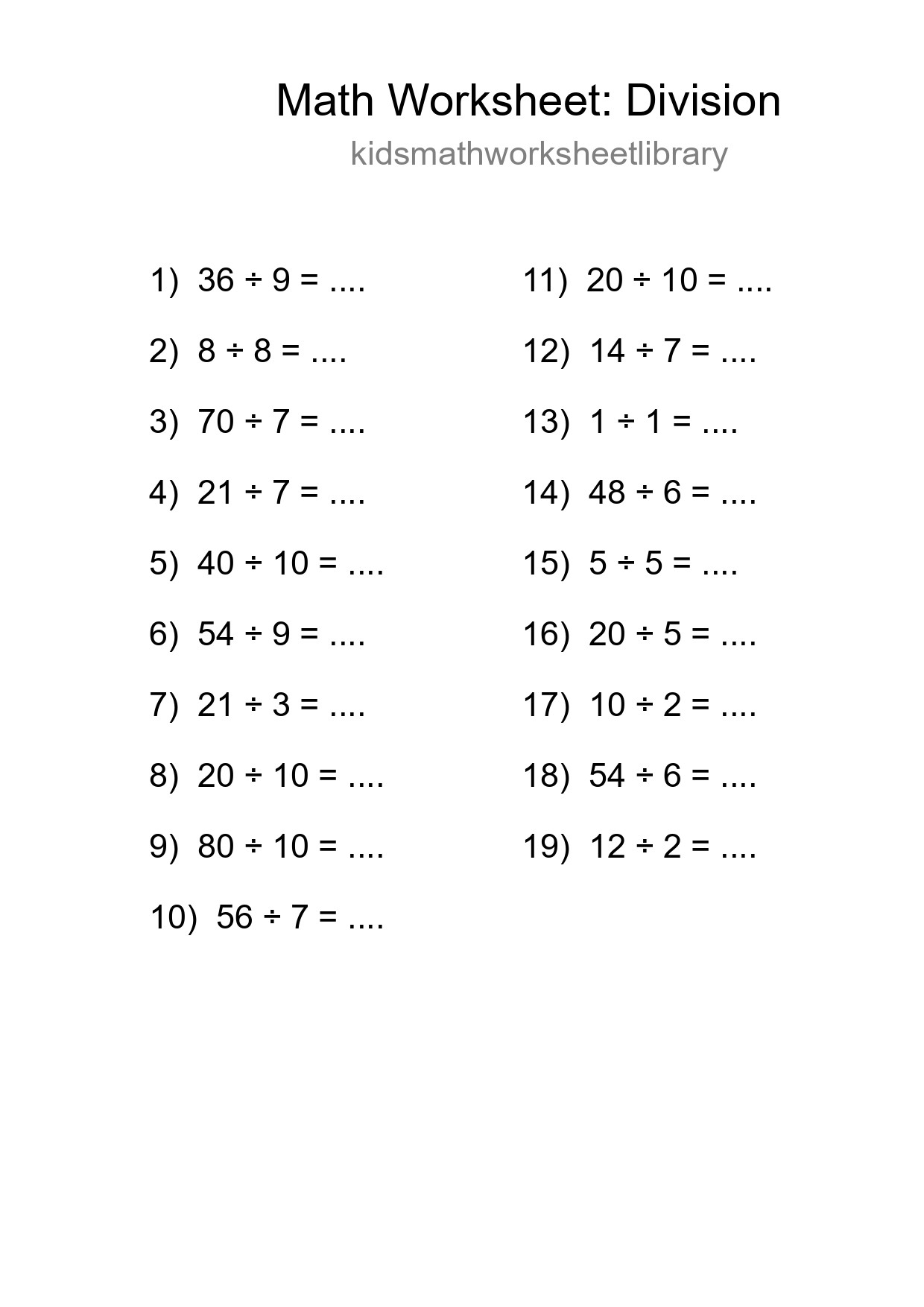 Grade 1 Division Practice Worksheet (19 Problems) - Part 180