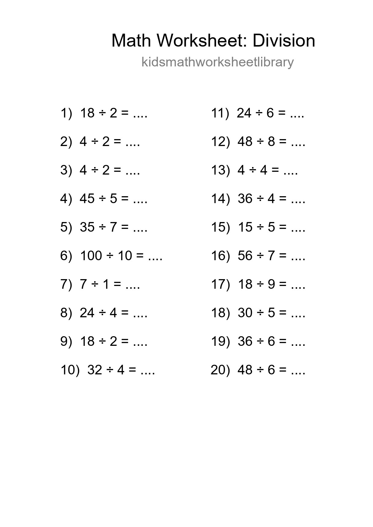 Grade 1 Division Practice Worksheet (20 Problems) - Part 235