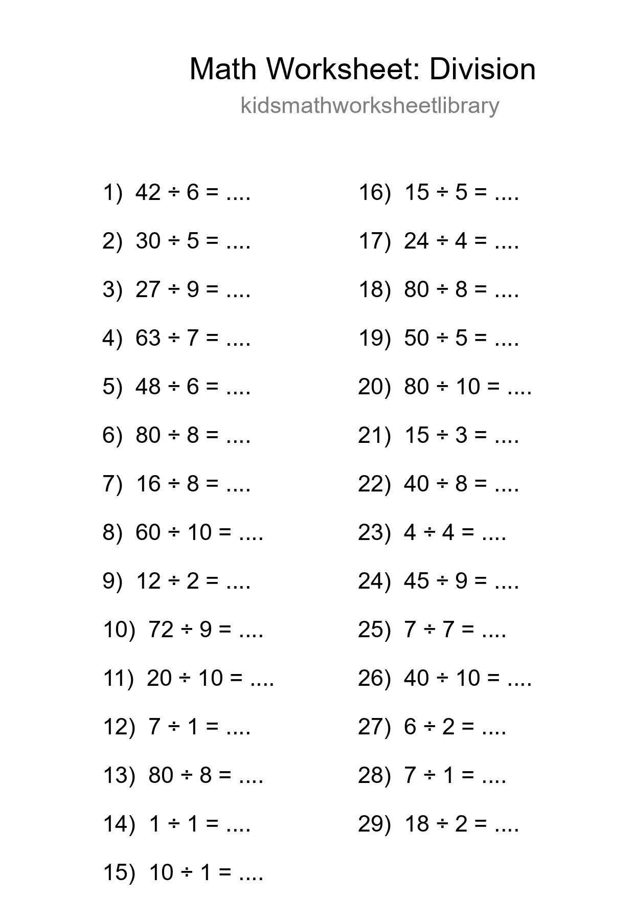 Grade 1 Division Practice Worksheet (29 Problems) - Part 59