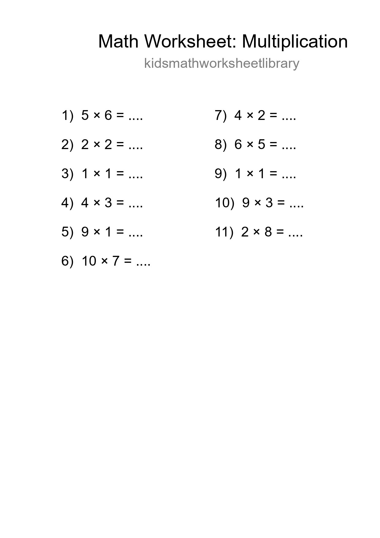 Grade 1 Multiplication Practice Worksheet (11 Problems) - Part 150