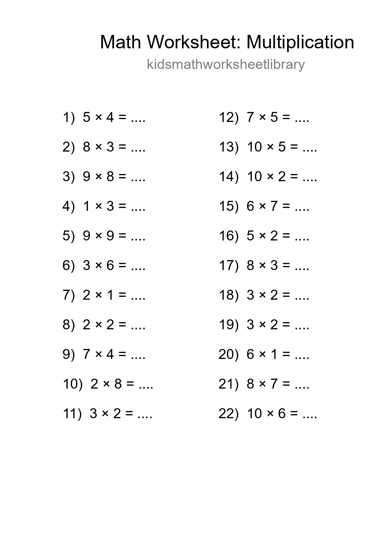 Grade 1 Multiplication Practice Worksheet (22 Problems) - Part 29