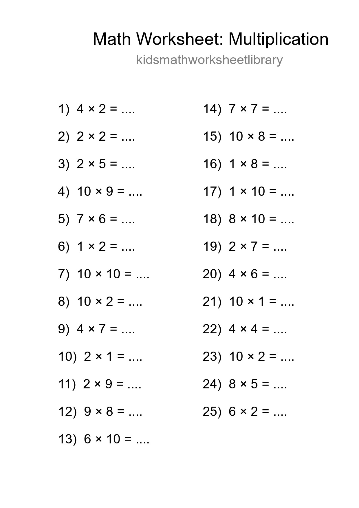 Grade 1 Multiplication Practice Worksheet (25 Problems) - Part 282