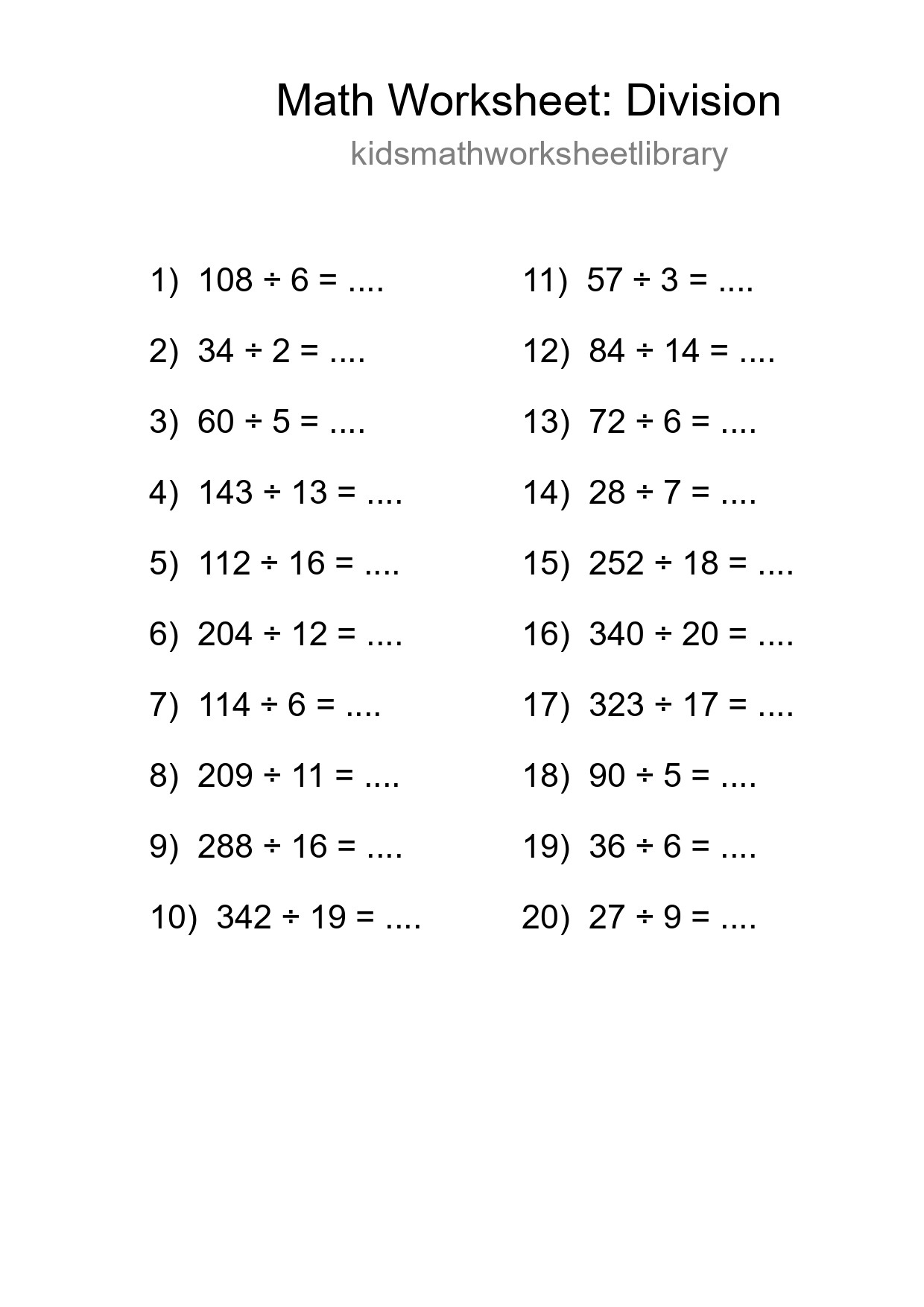 Grade 2 Division Practice Worksheet (20 Problems) - Part 246