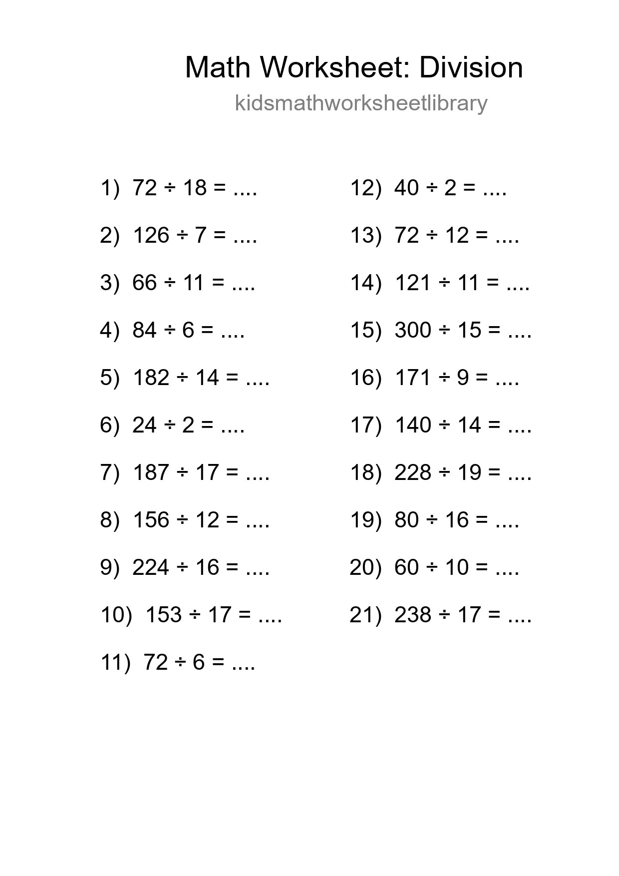 Grade 2 Division Practice Worksheet (21 Problems) - Part 202