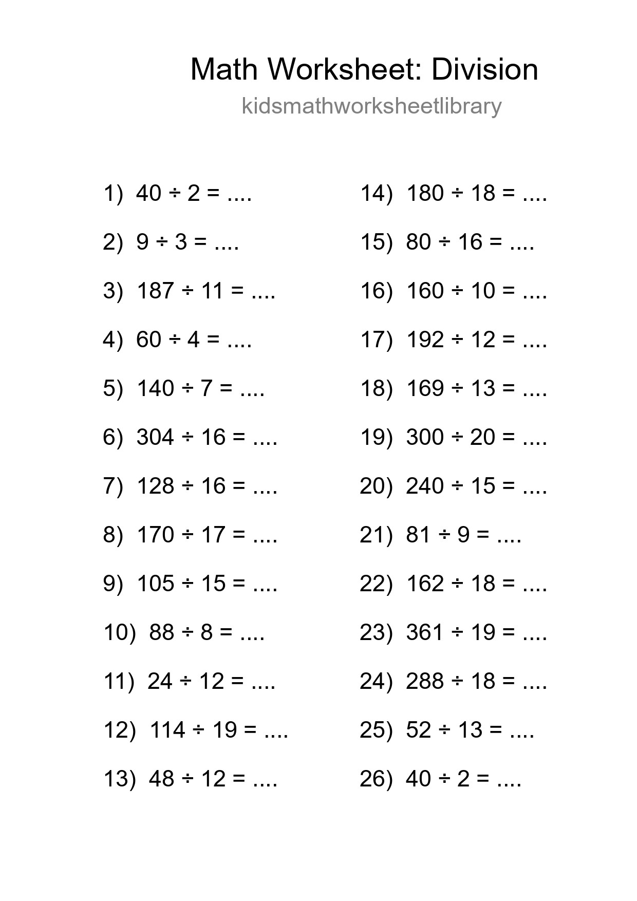 Grade 2 Division Practice Worksheet (26 Problems) - Part 279