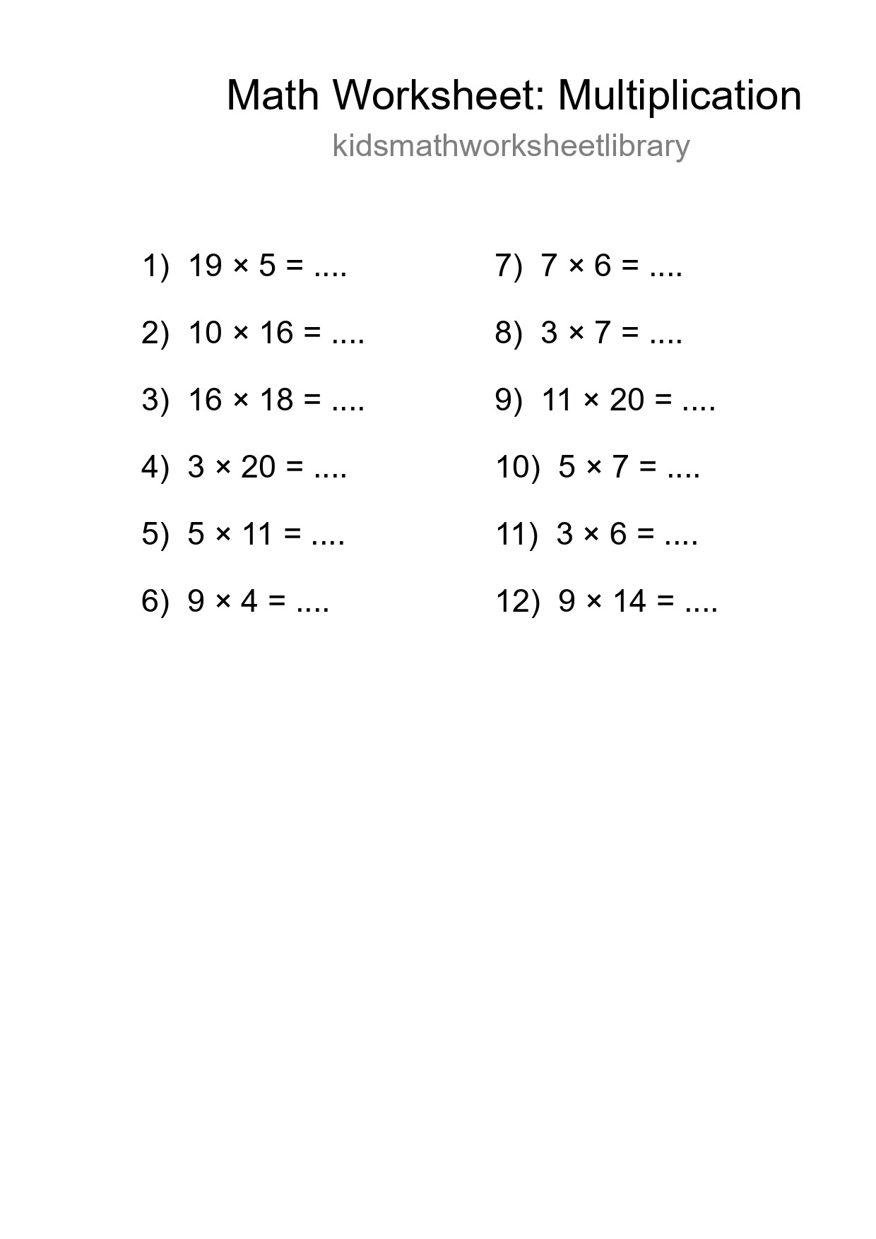 Grade 2 Multiplication Practice Worksheet (12 Problems) - Part 205