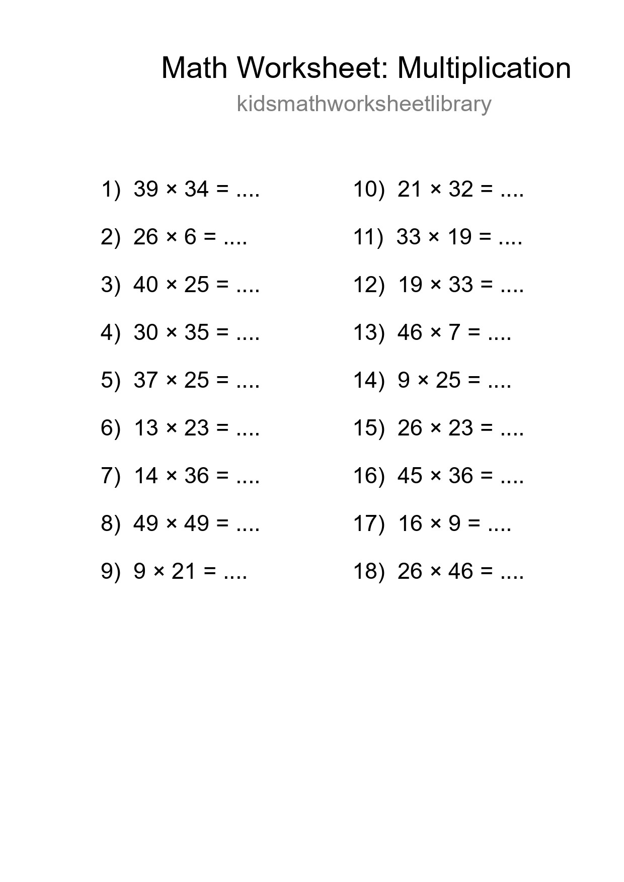Grade 2 Multiplication Practice Worksheet (18 Problems) - Part 161