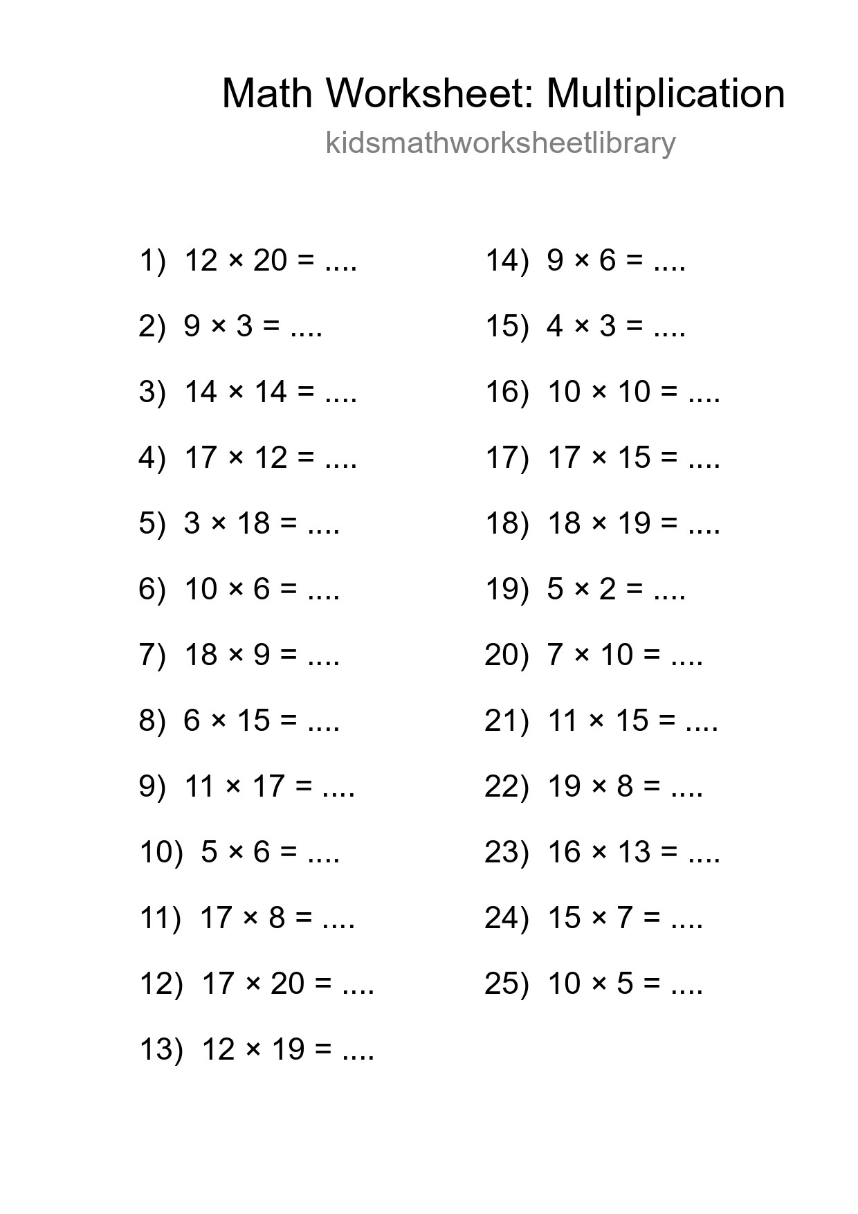 Grade 2 Multiplication Practice Worksheet (25 Problems) - Part 40