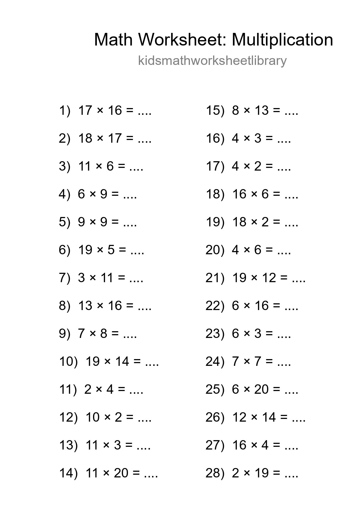 Grade 2 Multiplication Practice Worksheet (28 Problems) - Part 128
