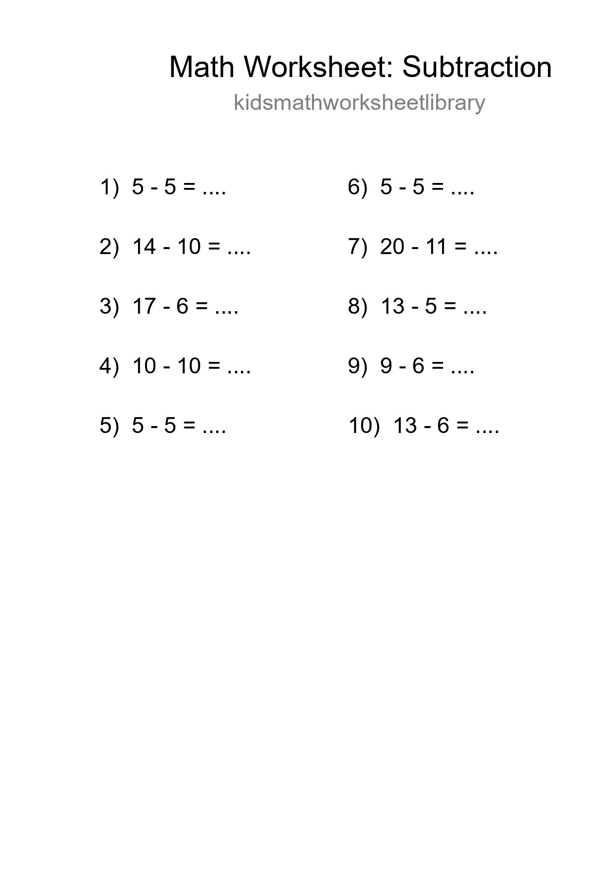 Grade 2 Subtraction Practice Worksheet (10 Problems) - Part 118