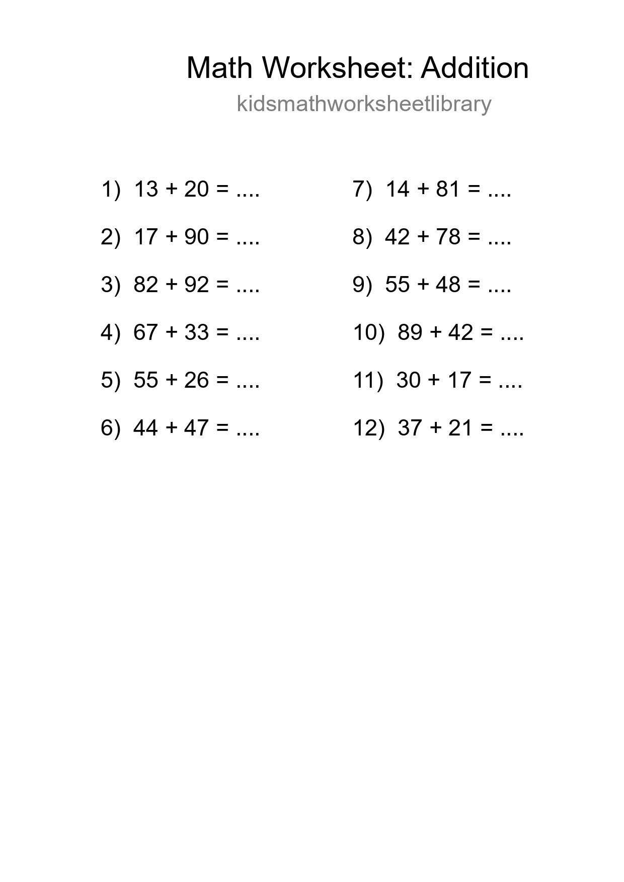 Grade 3 Addition Practice Worksheet (12 Problems) - Part 133