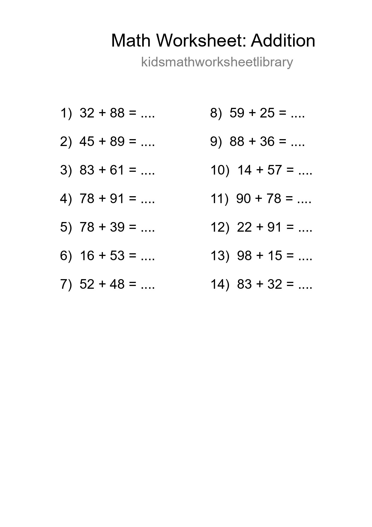 Grade 3 Addition Practice Worksheet (14 Problems) - Part 221
