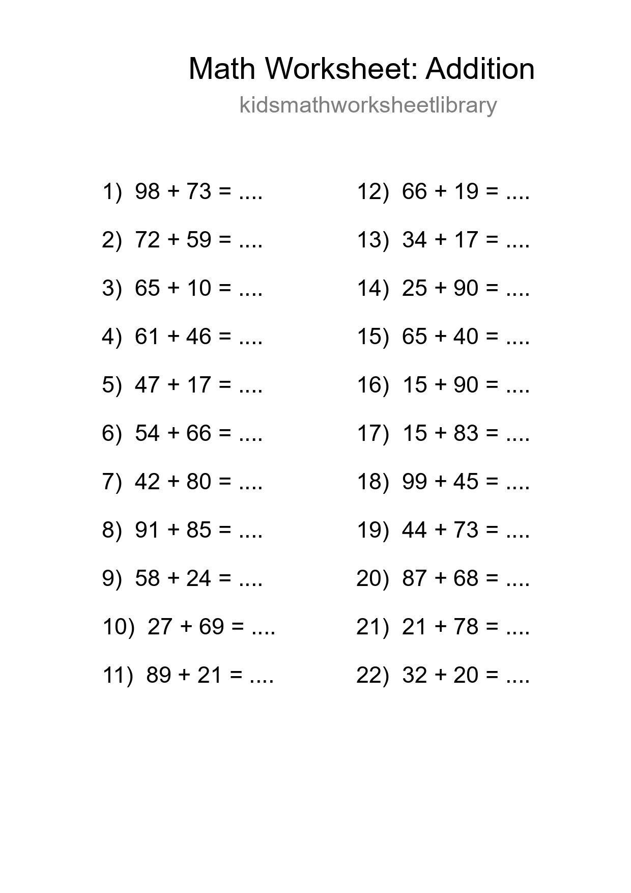 Grade 3 Addition Practice Worksheet (22 Problems) - Part 265