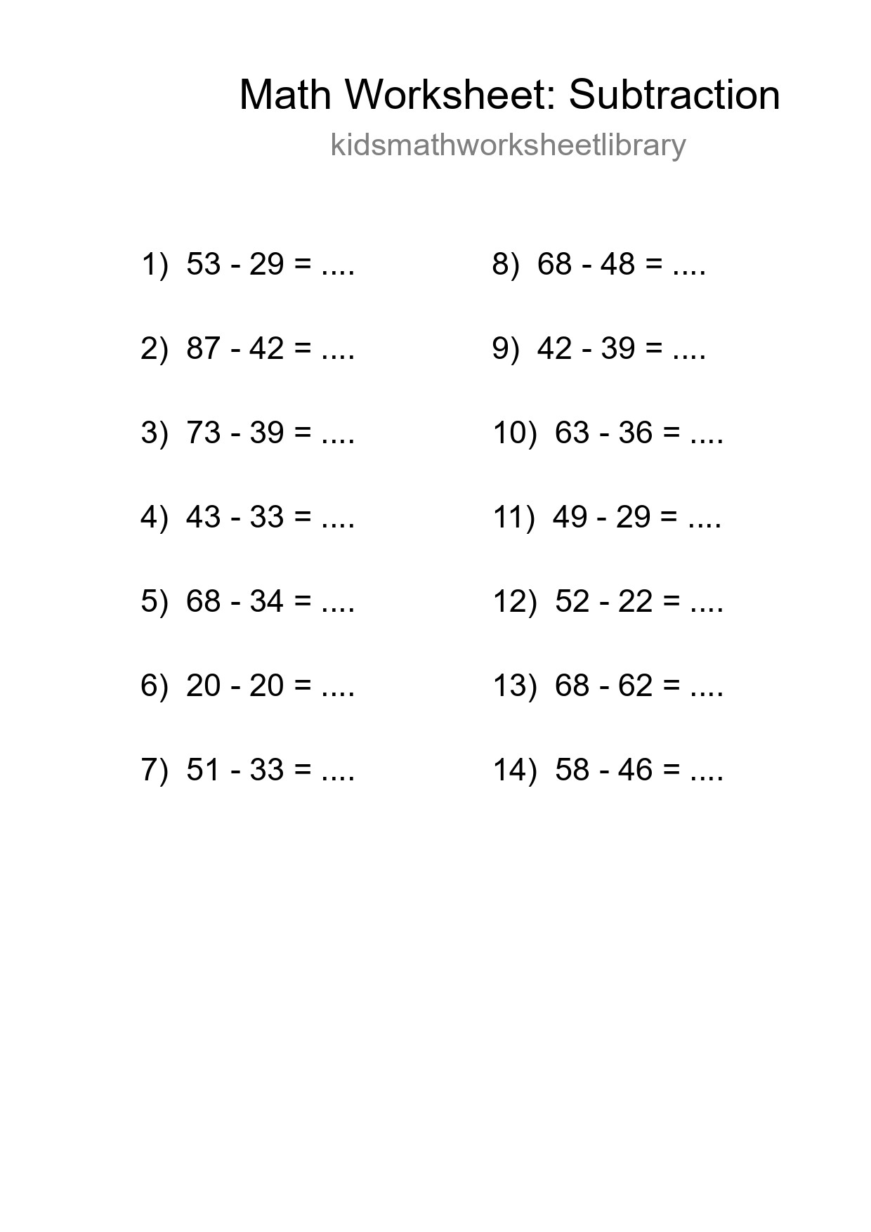Grade 3 Subtraction Practice Worksheet (14 Problems) - Part 184