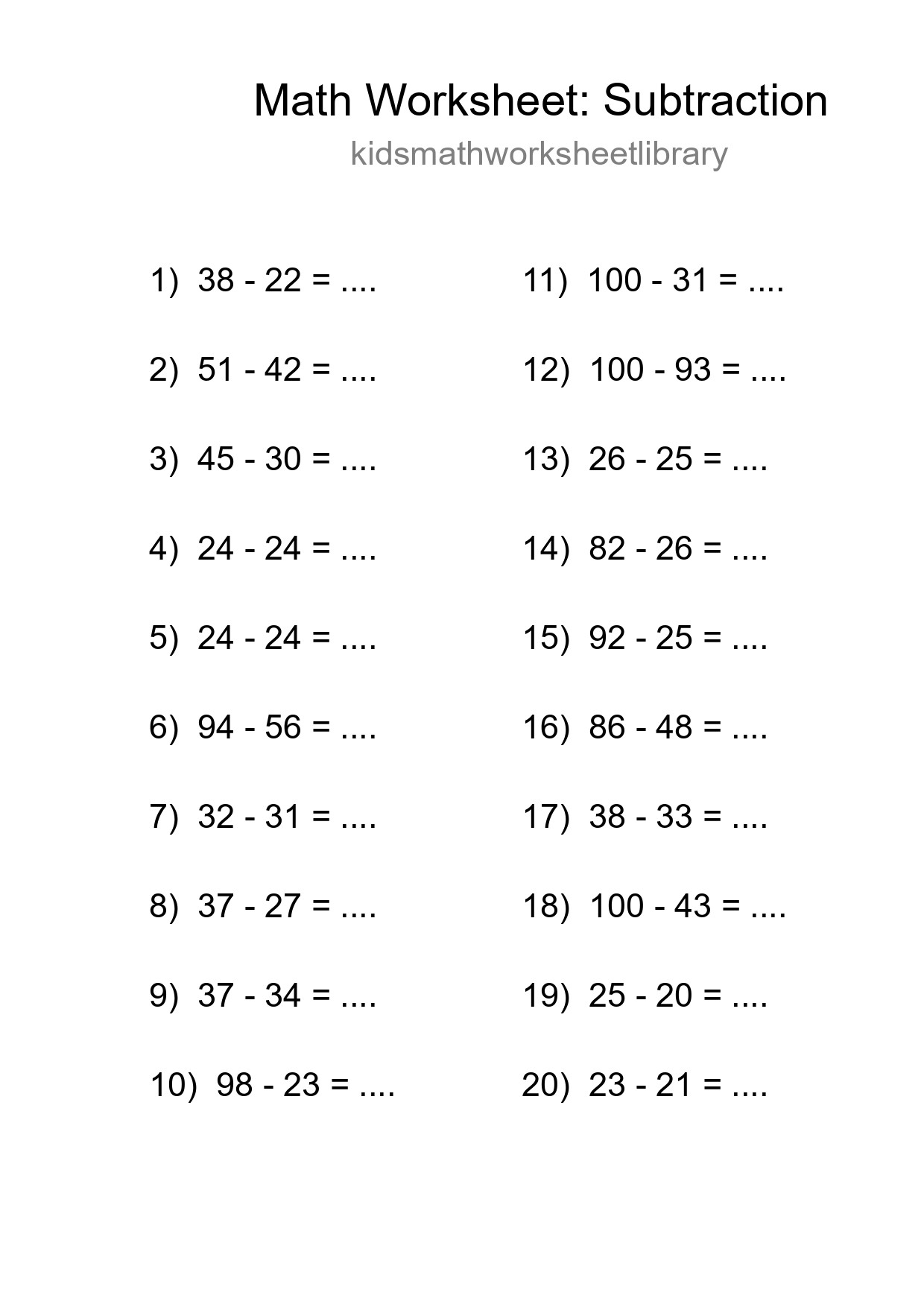 Grade 3 Subtraction Practice Worksheet (20 Problems) - Part 129